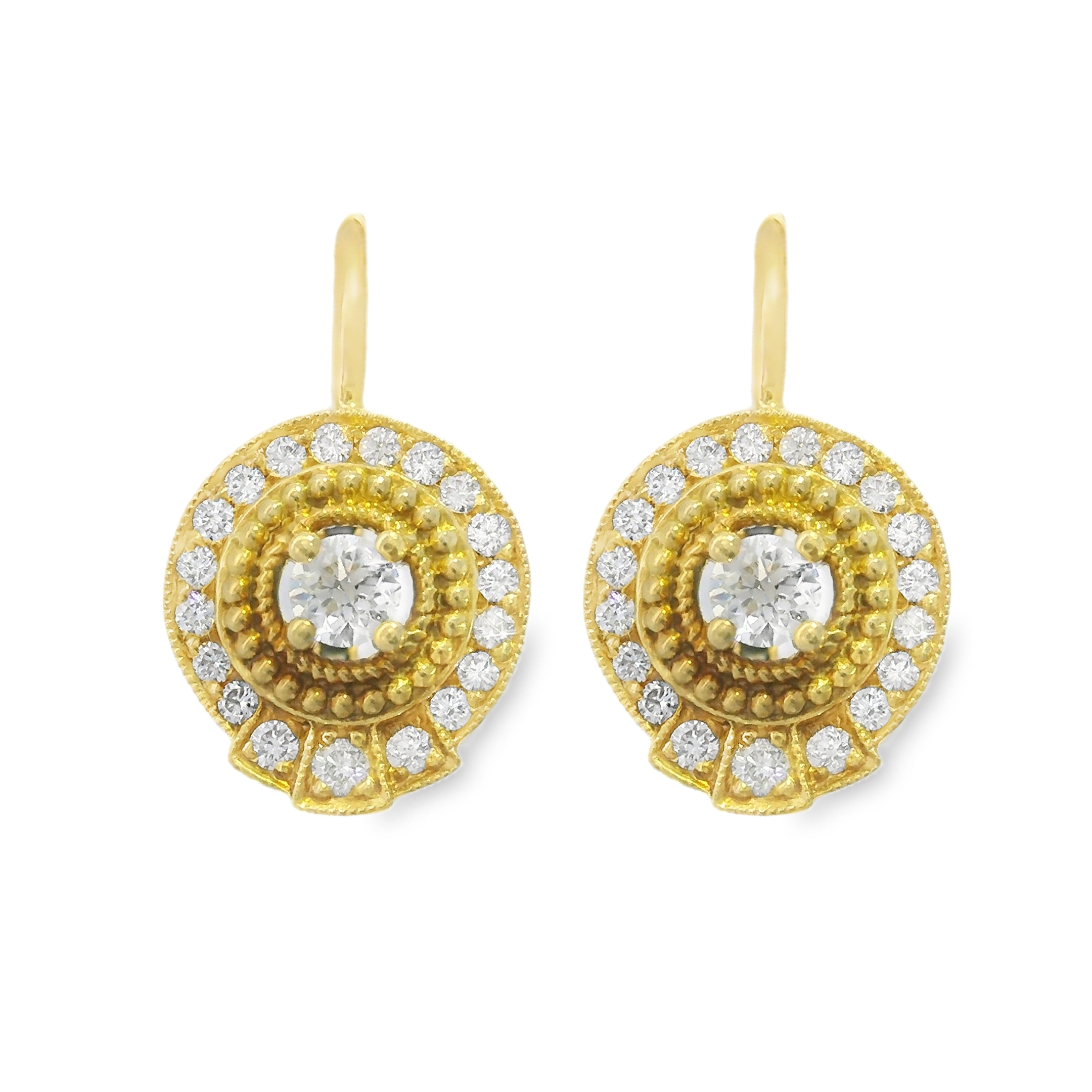Round Pave Diamond and Beaded Lever Back Earrings