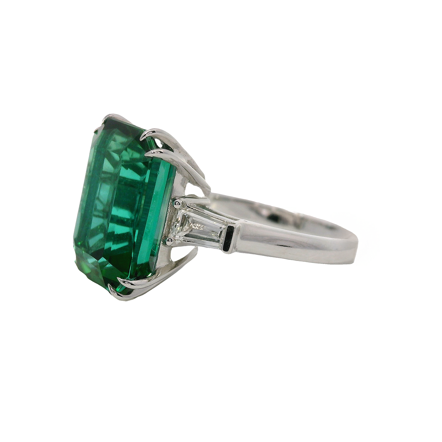 Zambian Emerald Cut Blue/Green Tourmaline Ring with Two Tapered Baguette Diamonds