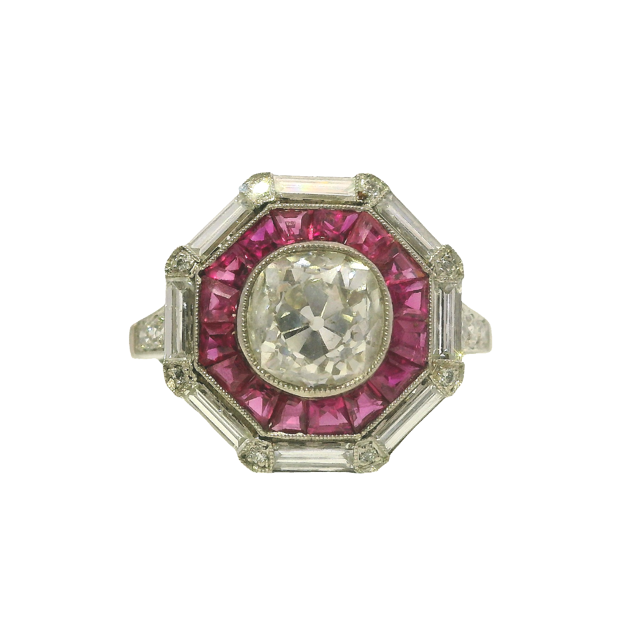 Vintage Octagon Solitaire Diamond Ring with Ruby Halo