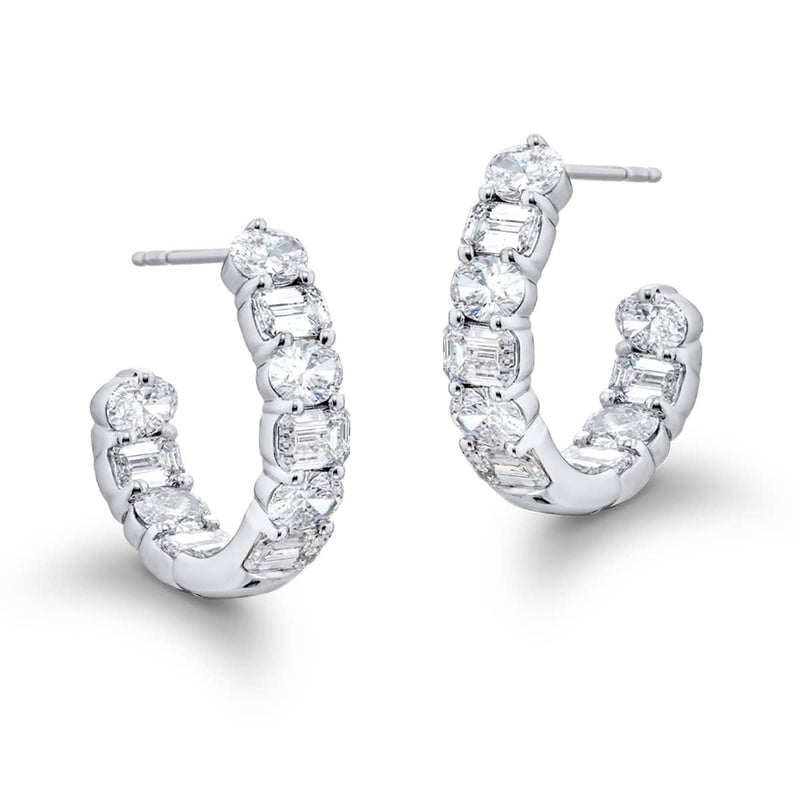 Platinum Oval and Emerald-Cut Diamond Hoop Earrings