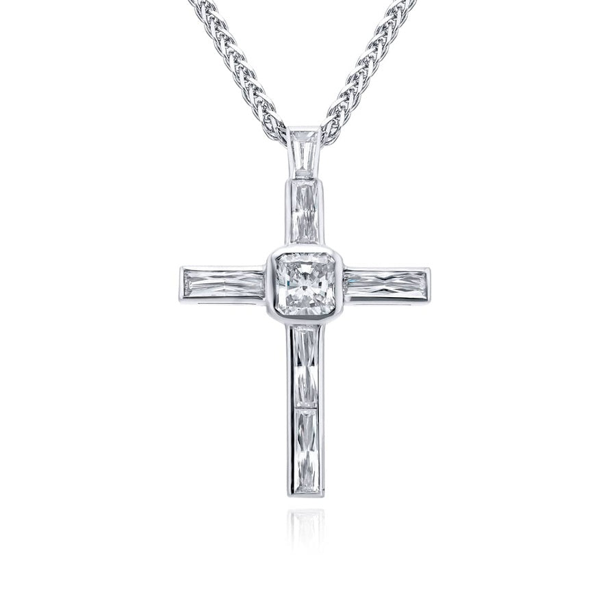Platinum Radiant-Cut Diamond Bezel Set Cross Pendant
