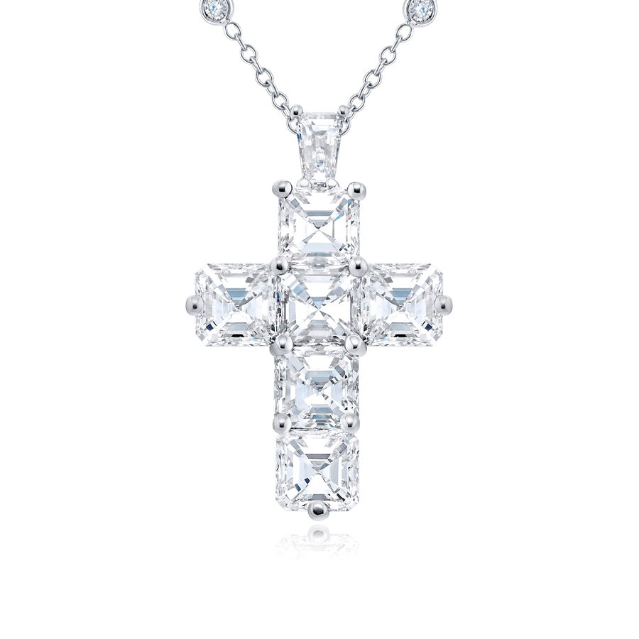 Platinum Square Emerald-Cut Diamond Cross Pendant