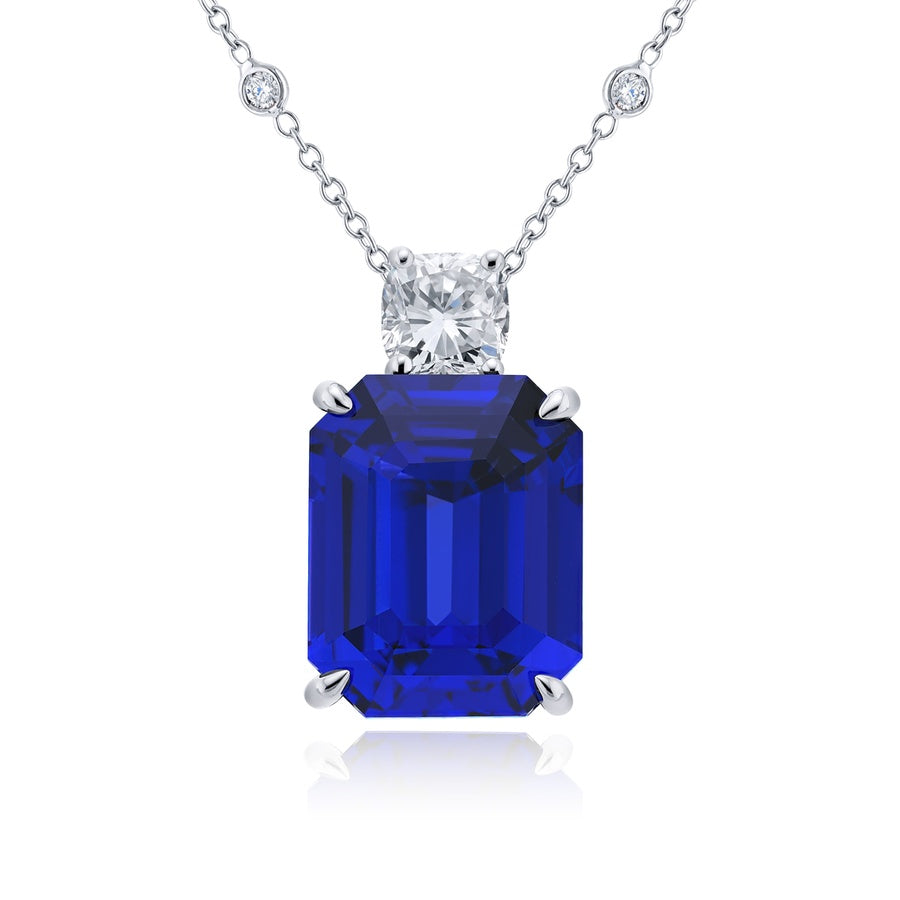 Platinum Emerald-Cut Vivid Sapphire Certified Pendant