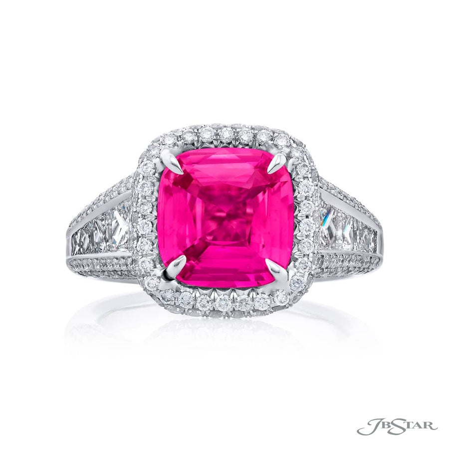3.03 ct. GIA Certified No-Heat Pink Sapphire Ring with Trapezoid & Micro Pave Diamonds in Platinum