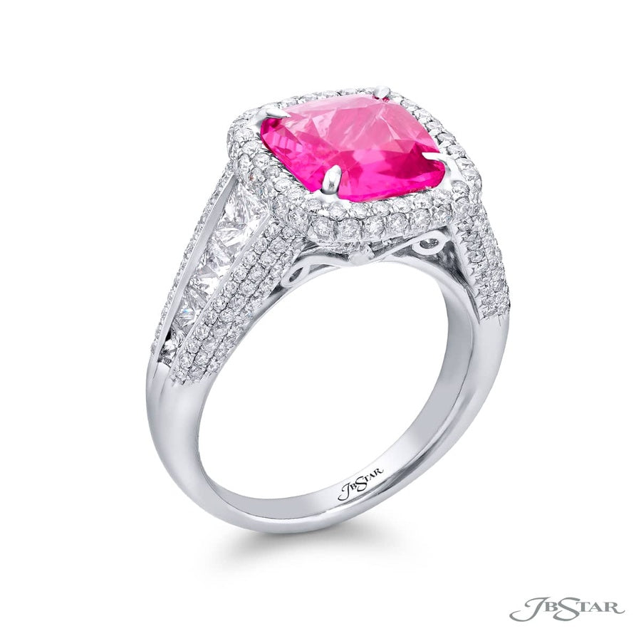 3.03 ct. GIA Certified No-Heat Pink Sapphire Ring with Trapezoid & Micro Pave Diamonds in Platinum