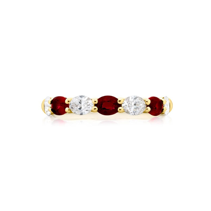 18K Yellow Gold Oval Ruby and Diamond Single-Row East-West Band
