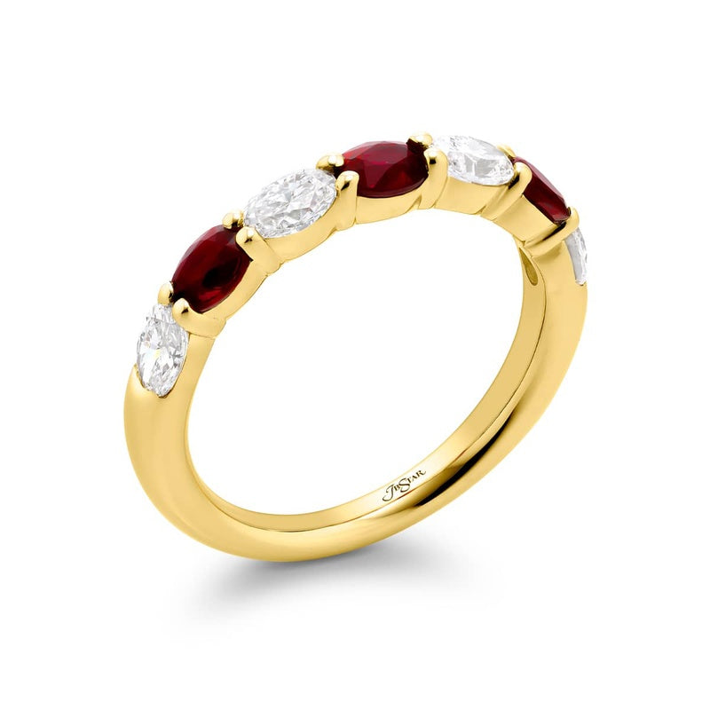 18K Yellow Gold Oval Ruby and Diamond Single-Row East-West Band