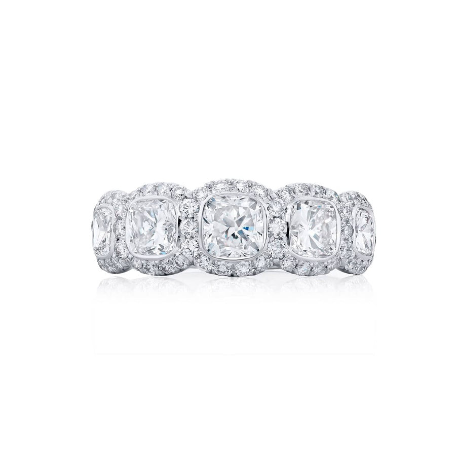 Platinum Cushion-Cut Diamond Single-Row Bezel Set Micro Pave Band