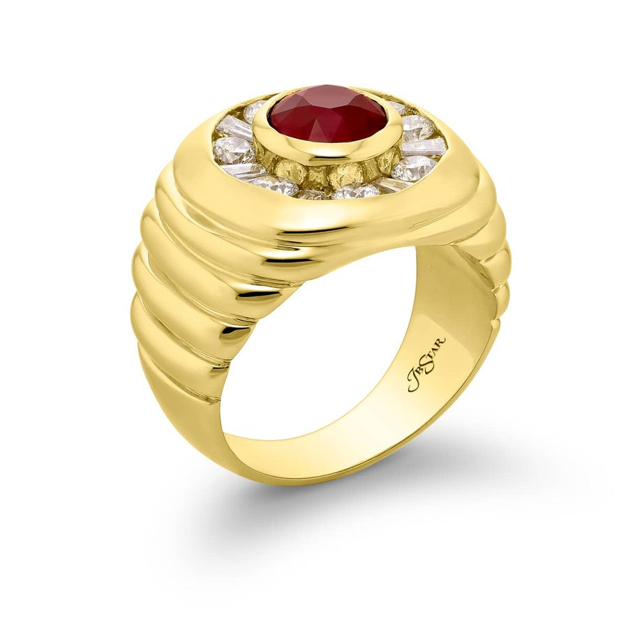 18K Yellow Gold Round Pigeon Blood Burmese Ruby Certified Men's Ring