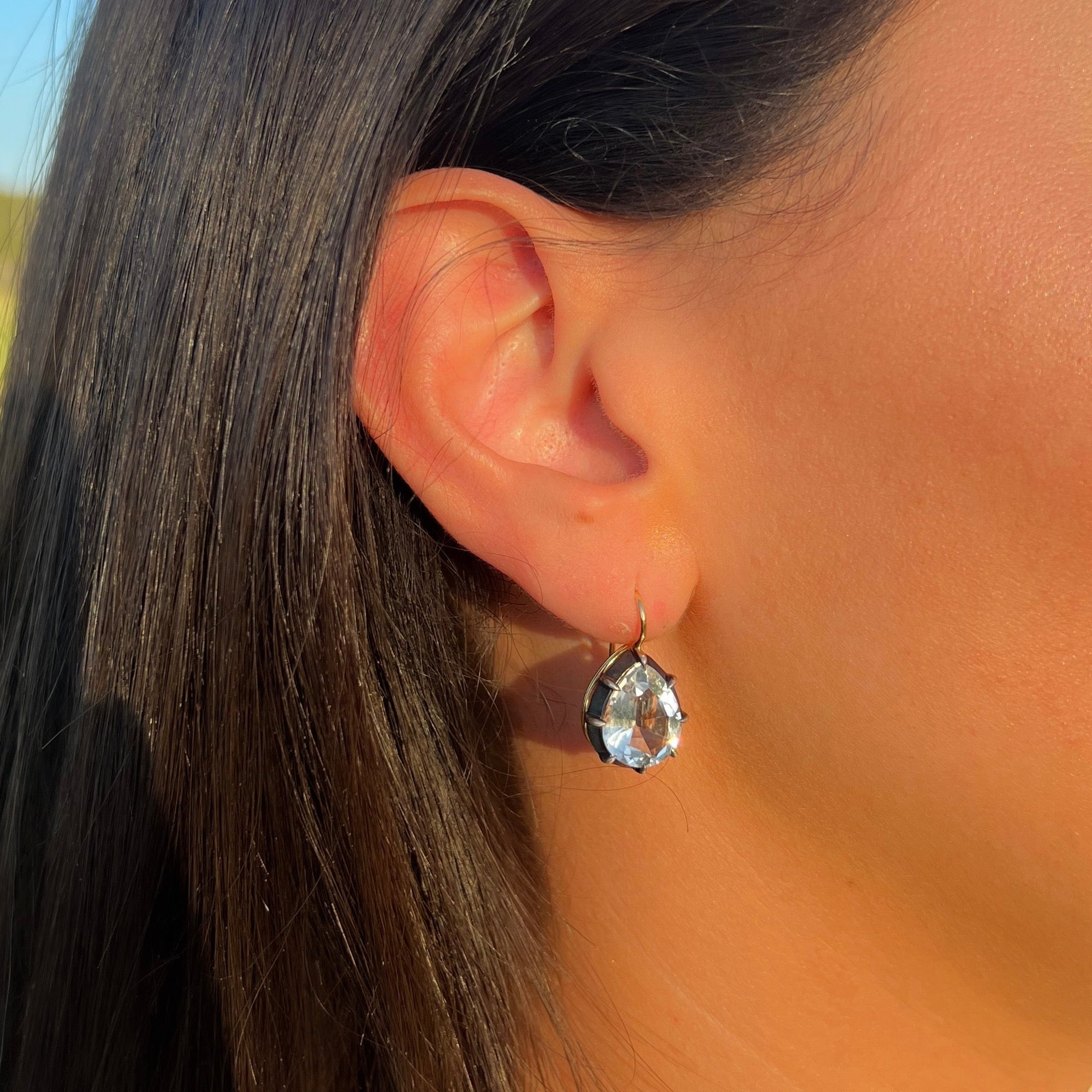 Signed Fred Leighton Pear Shape White Topaz Silver topped Gold Collet Drop Earrings