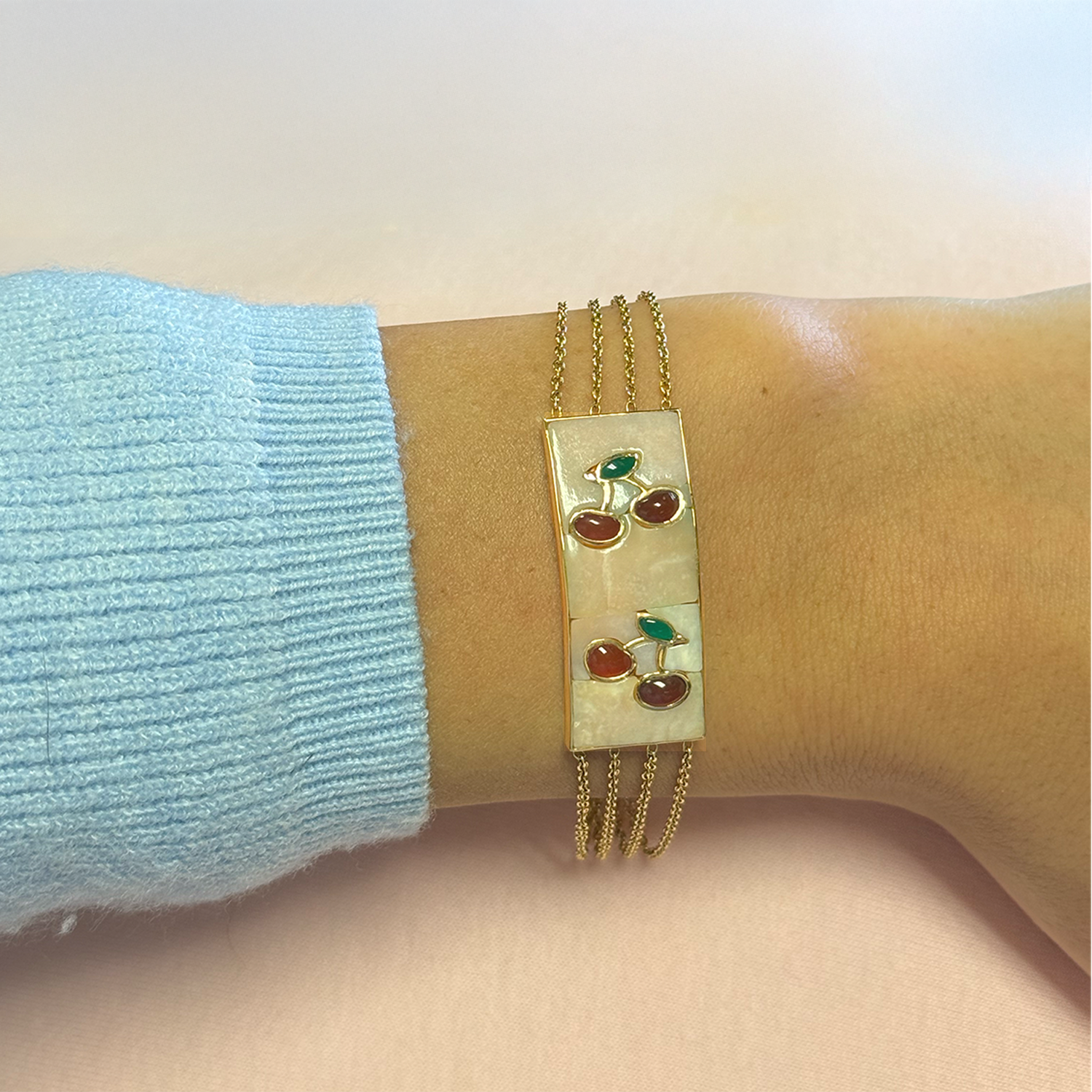 Opal Bar Bracelet with Ruby and Emerald Cherries