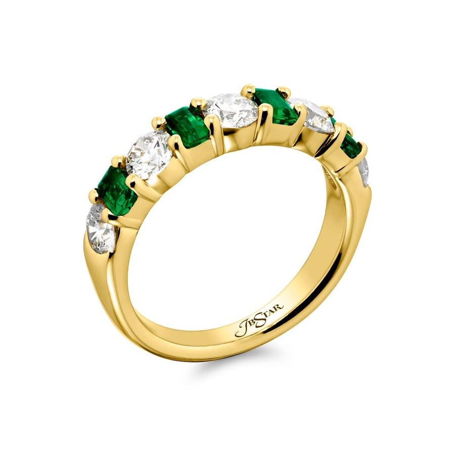 18K Yellow Gold Emerald-Cut Emerald and Round Diamond Single-Row Band