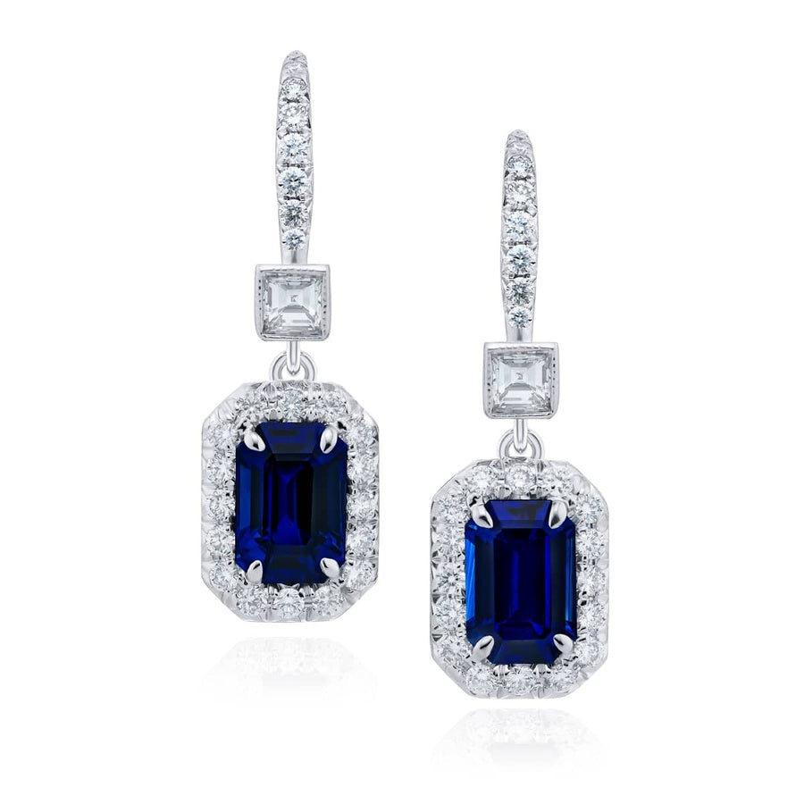 Platinum Emerald-Cut Sapphire Drop Earrings