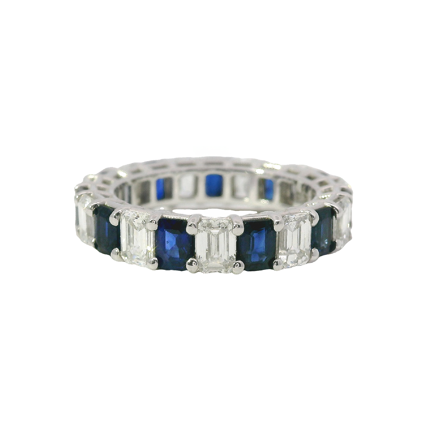 Alternating Emerald Cut Blue Sapphire and Diamond Eternity Band