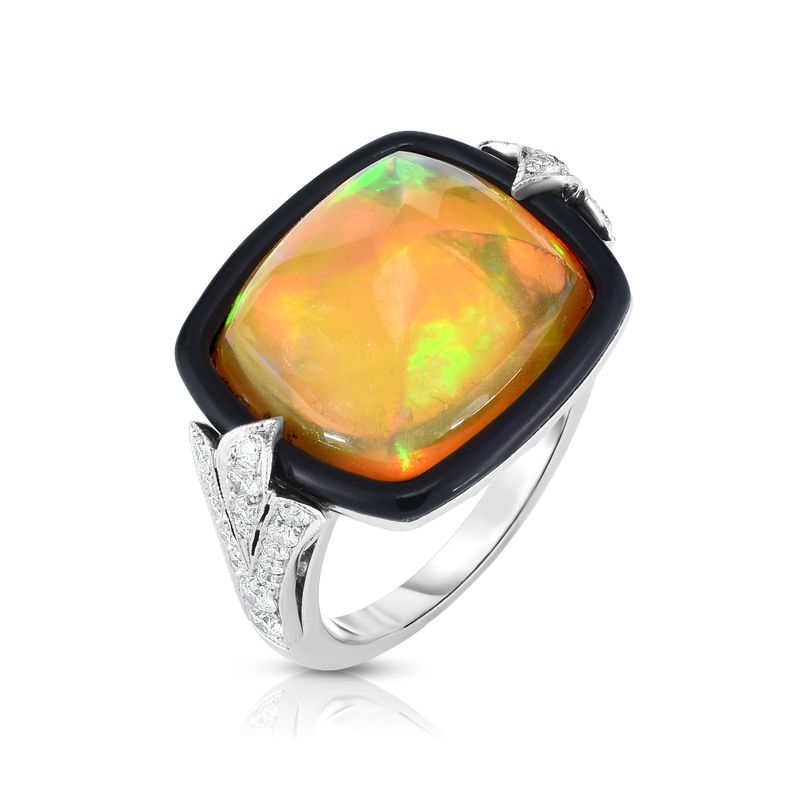 Cabochon Opal Ring with Black Onyx Halo