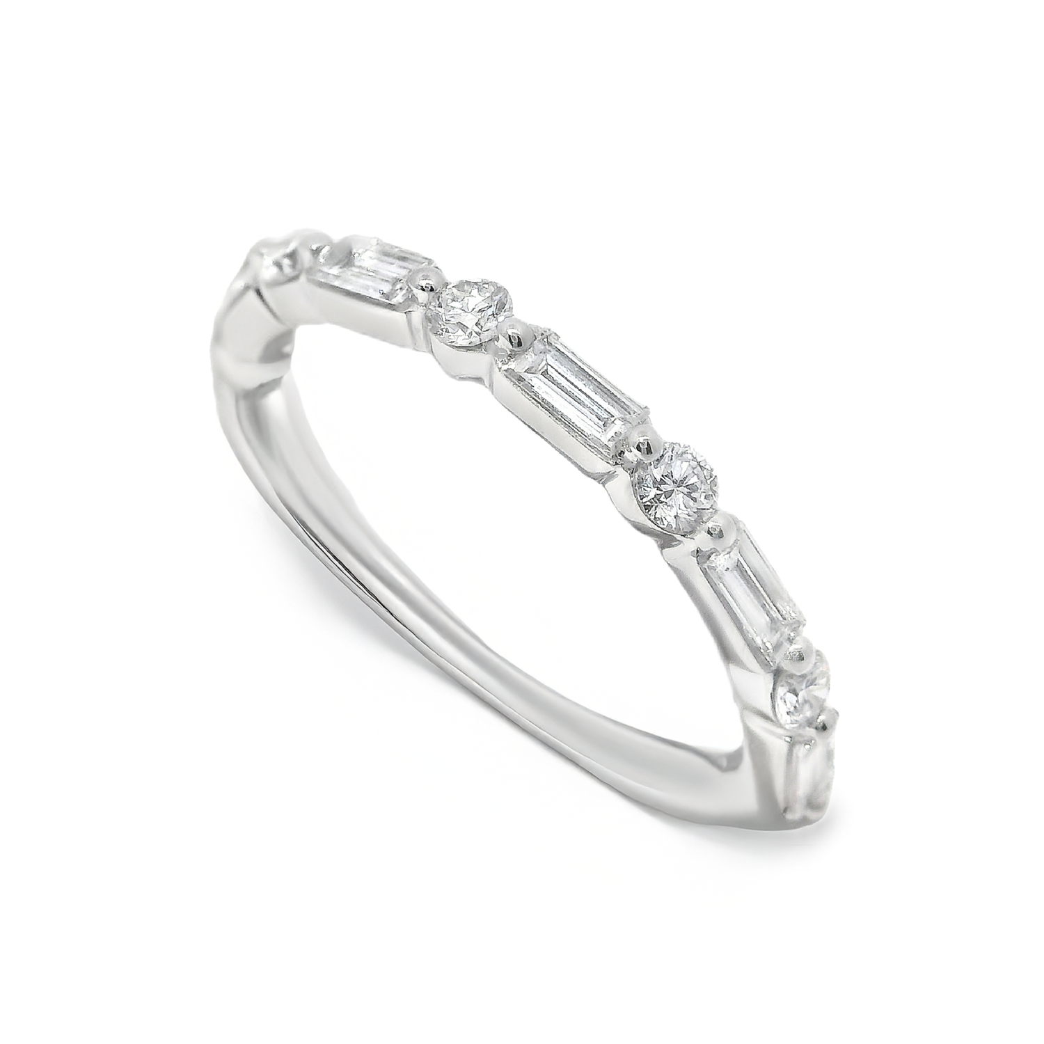 Single Shared Prong Alternating Baguette and Round Diamond Anniversary Band