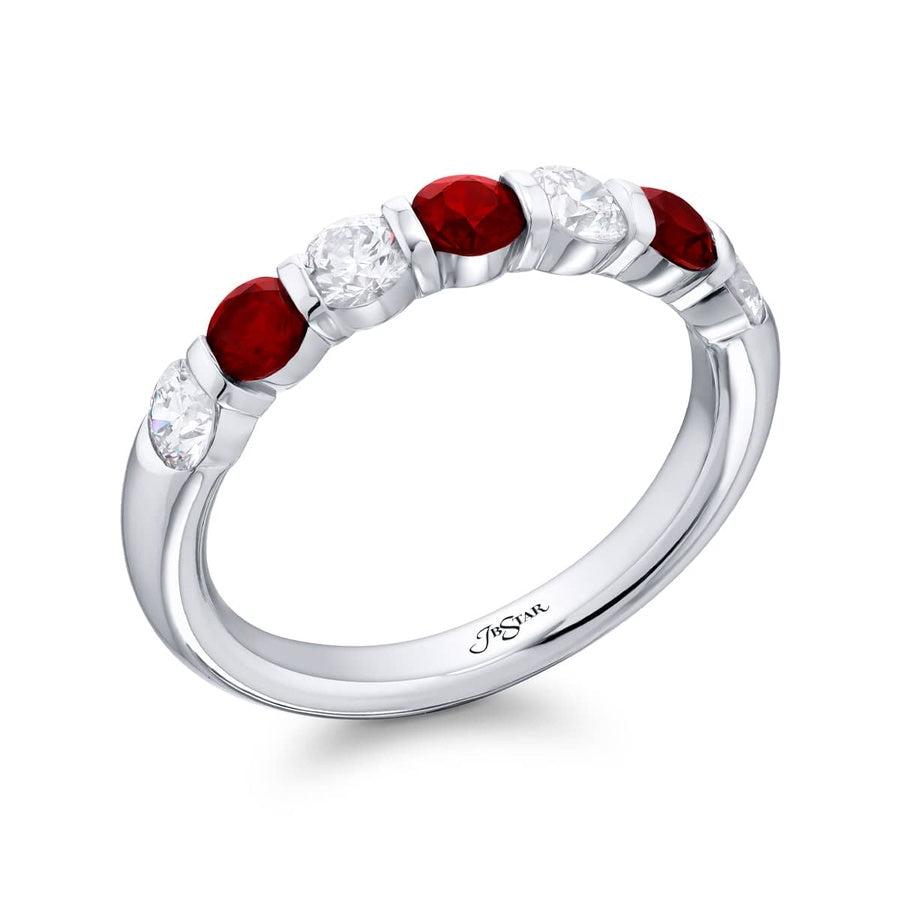 Platinum Round Ruby and Diamond Single-Row Bar Set Band
