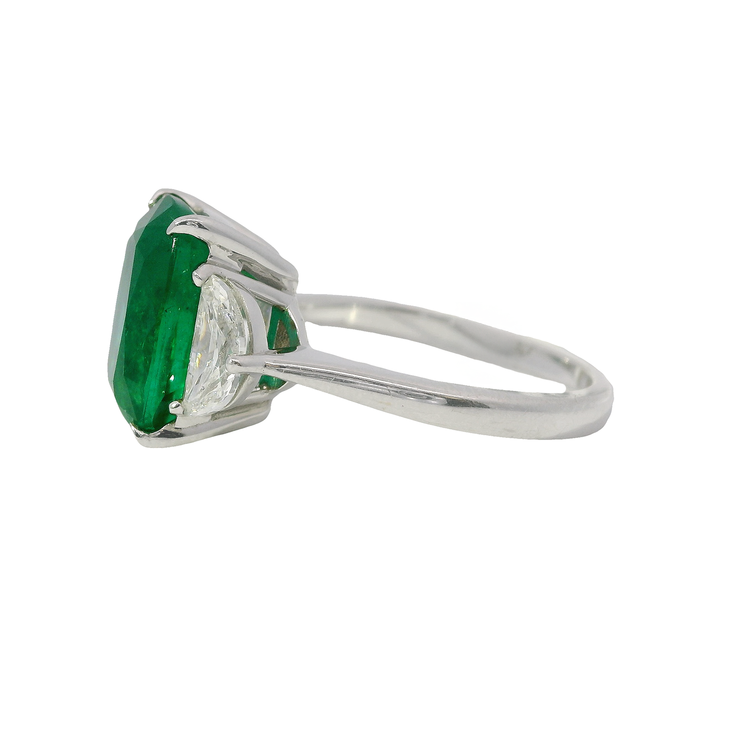 Three Stone Zambian Emerald and Half Moon Diamond Ring