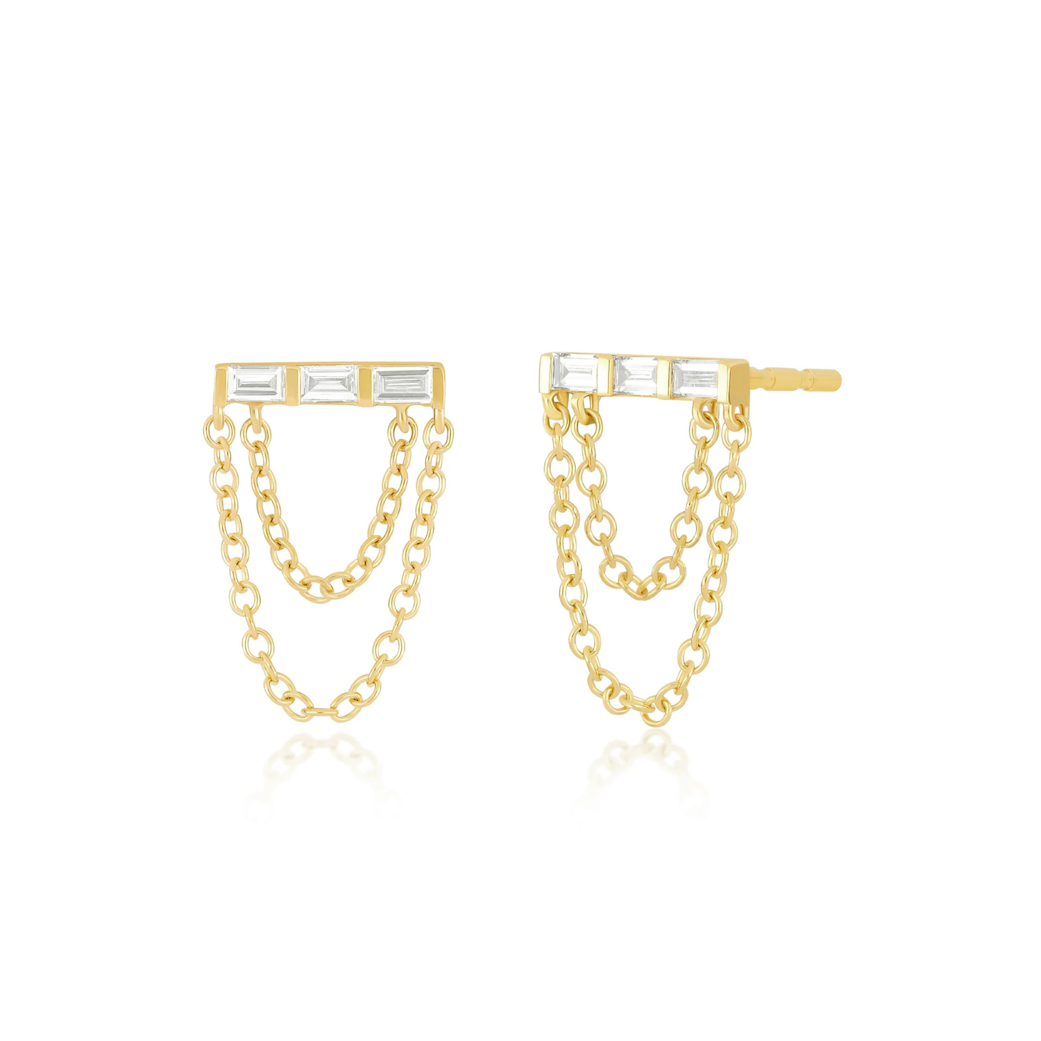 Diamond Baguette Bar Chain Stud Earrings