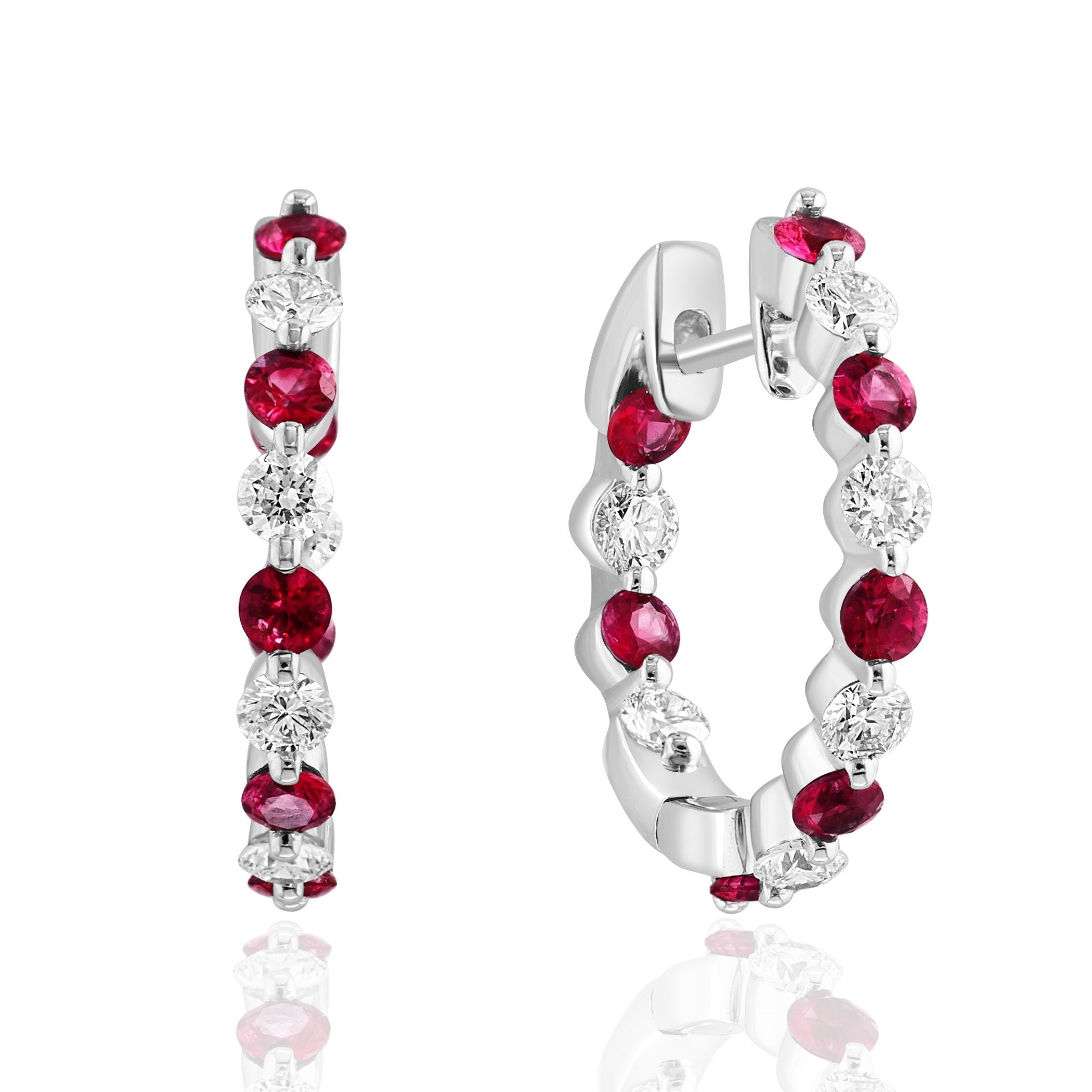 Inside-Outside Shared Prong Ruby and Diamond Hoop Earrings