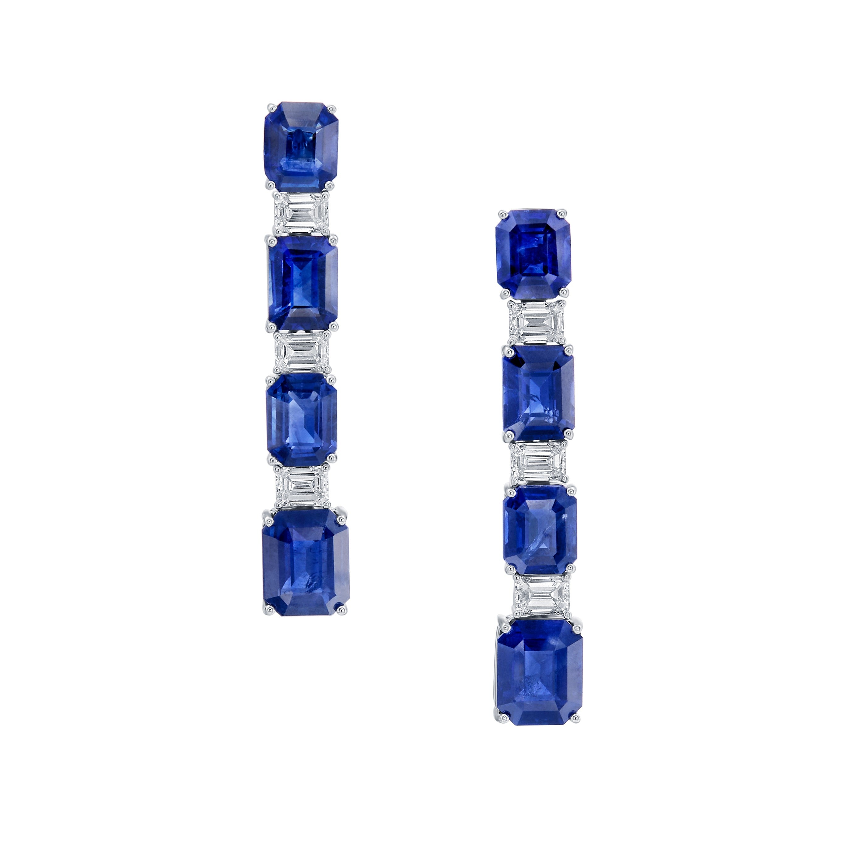 Alternating Emerald-Cut Sapphire and Diamond Drop Earrings