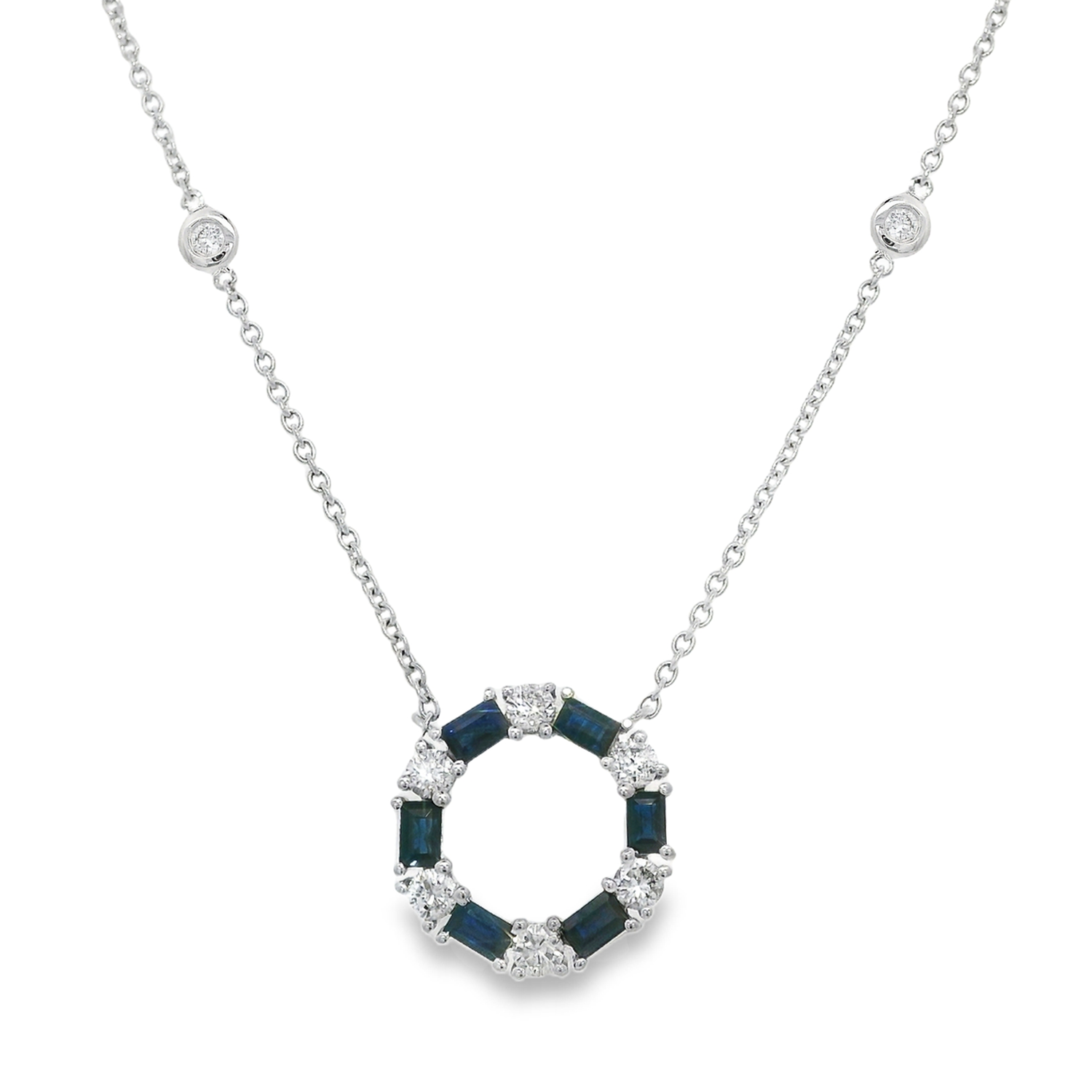 Alternating Baguette Sapphire and Round Diamond Circle Pendant Necklace