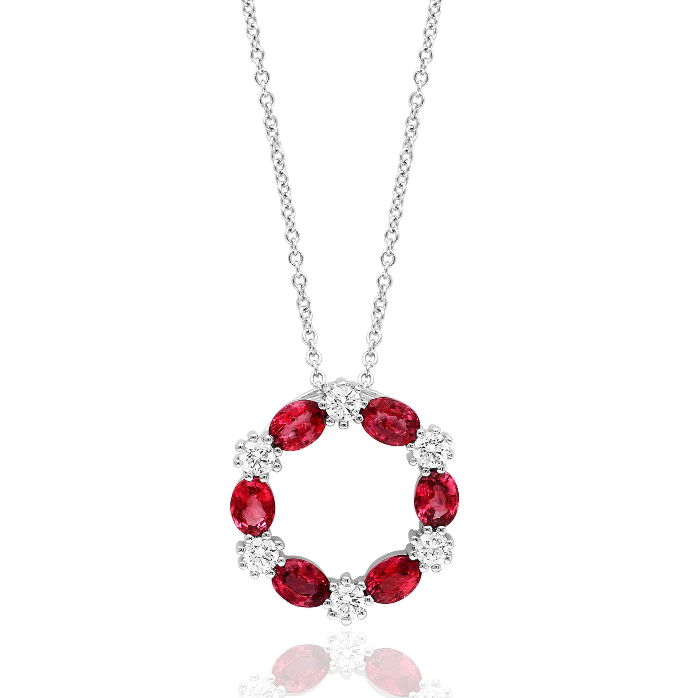 Alternating Oval Ruby and Diamond Circle Pendant Necklace