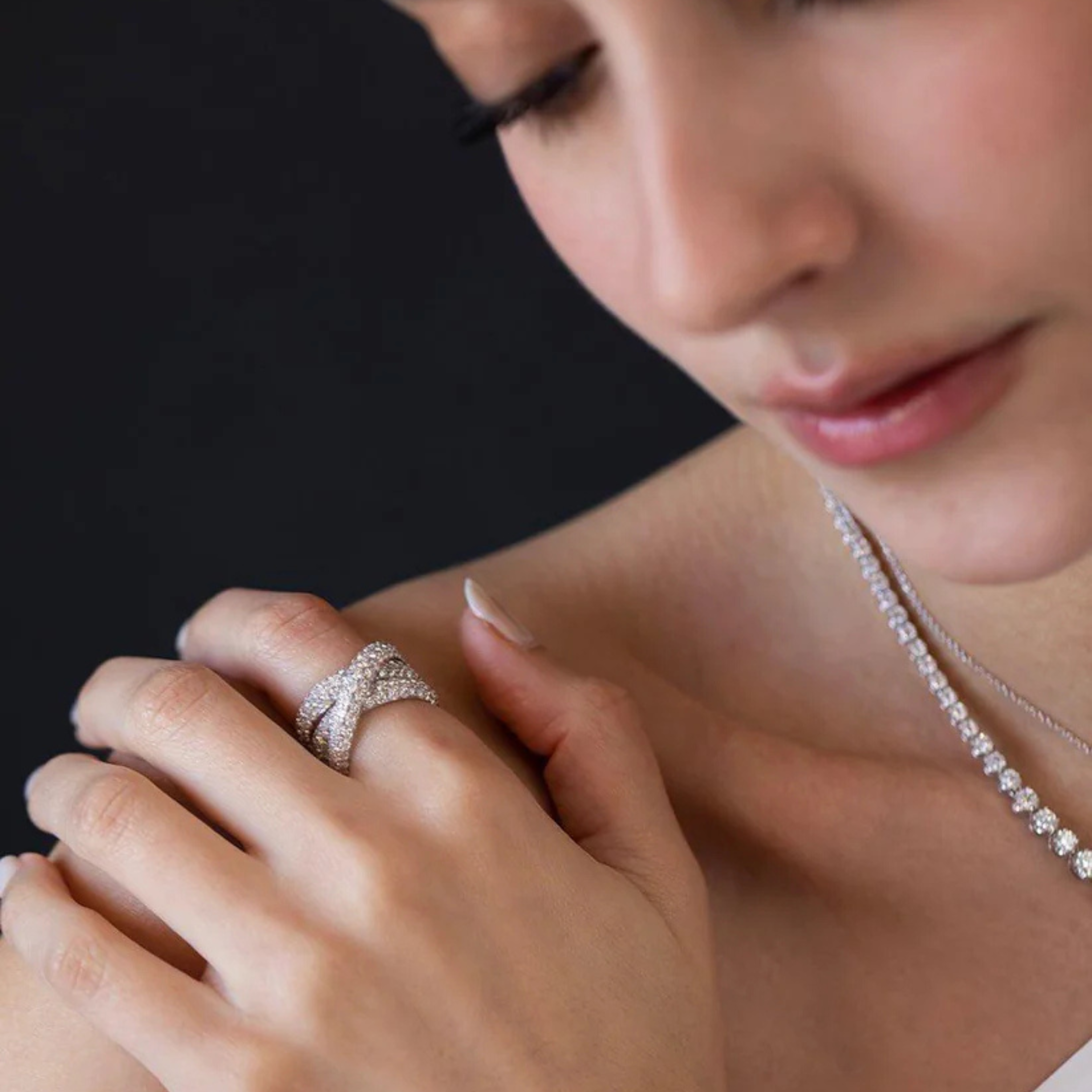 Three-Row Crossover Ring with Pavé Diamonds