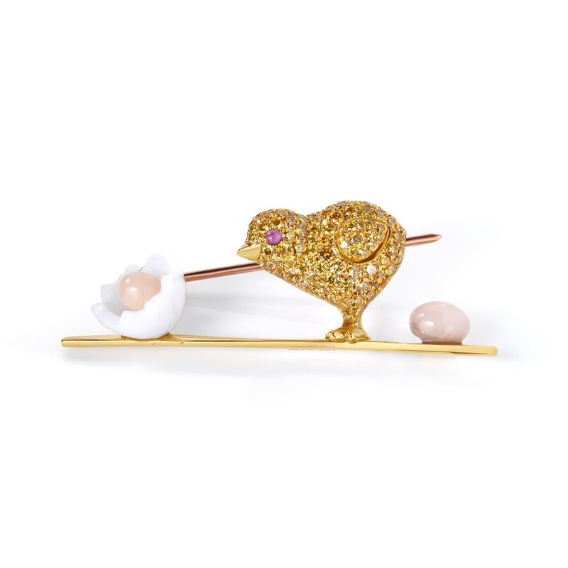 Pavé Yellow Diamond and Ruby Bird Brooch with Pink Pearls
