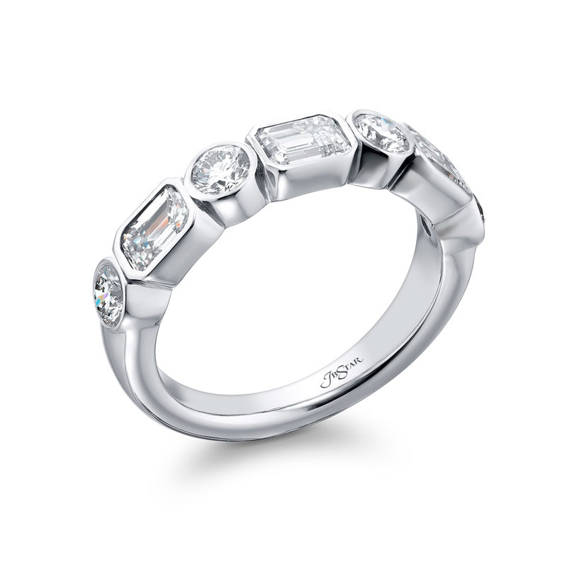 Platinum Emerald-Cut and Round Diamond Single-Row Bezel Set East-West Band