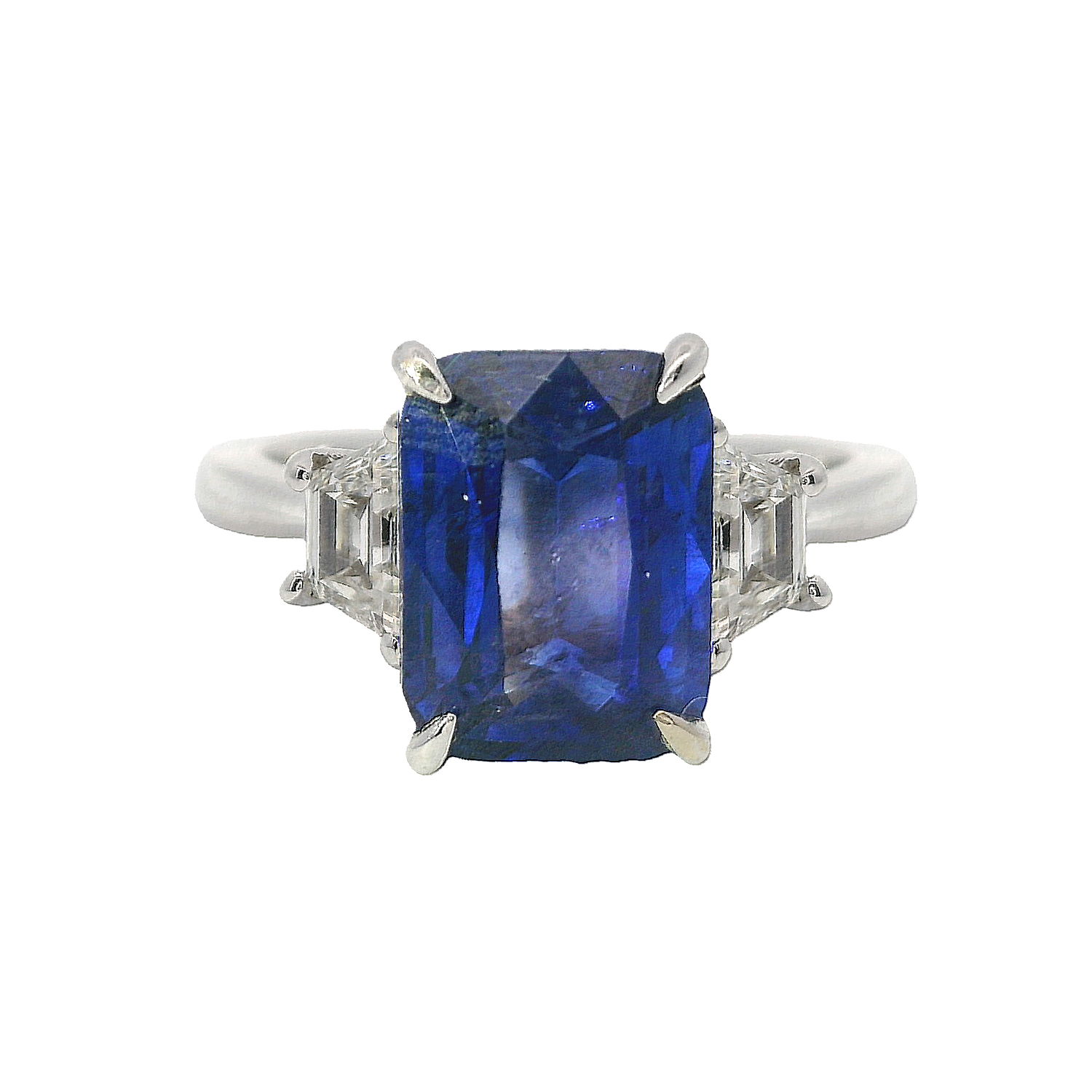 Sapphire Ring with Two Trapezoid Diamond Side Stones