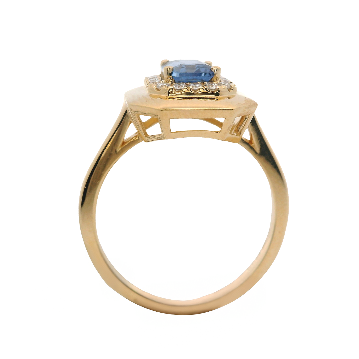 Emerald Cut Sapphire Ring with Pave Diamonds and Gold Frame