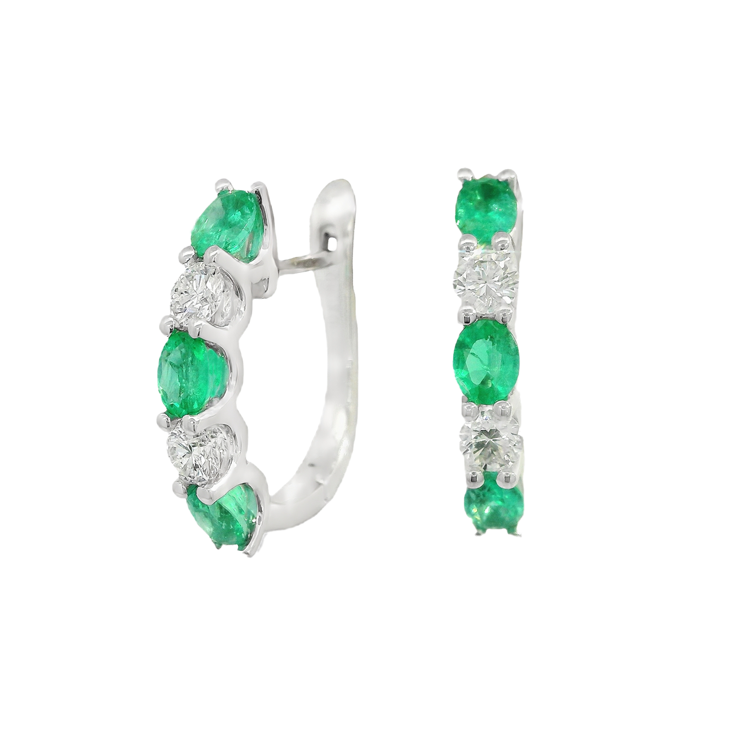 Shared Prong Alternating Round Diamond and Oval Emerald Hoop Earrings