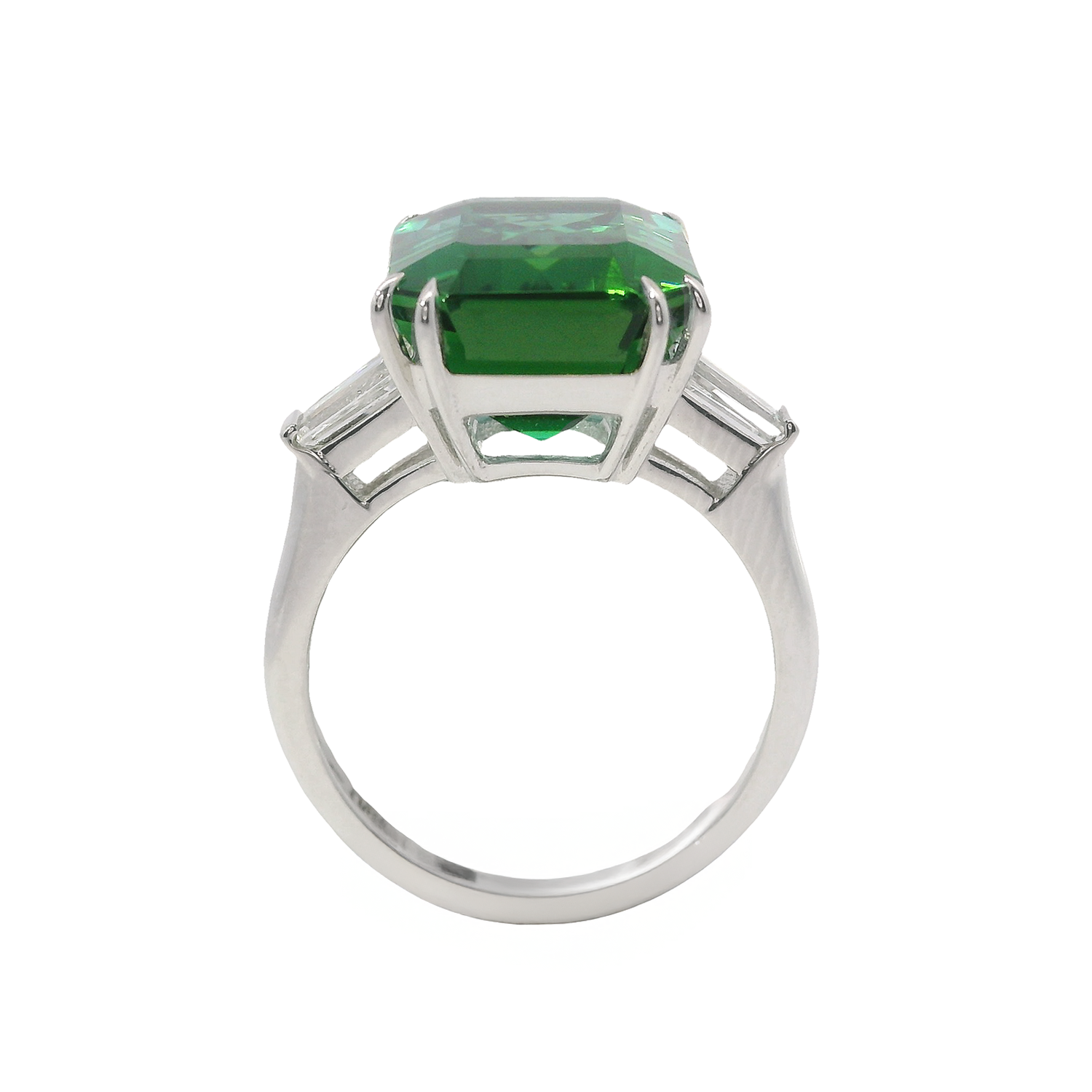 Zambian Emerald Cut Blue/Green Tourmaline Ring with Two Tapered Baguette Diamonds