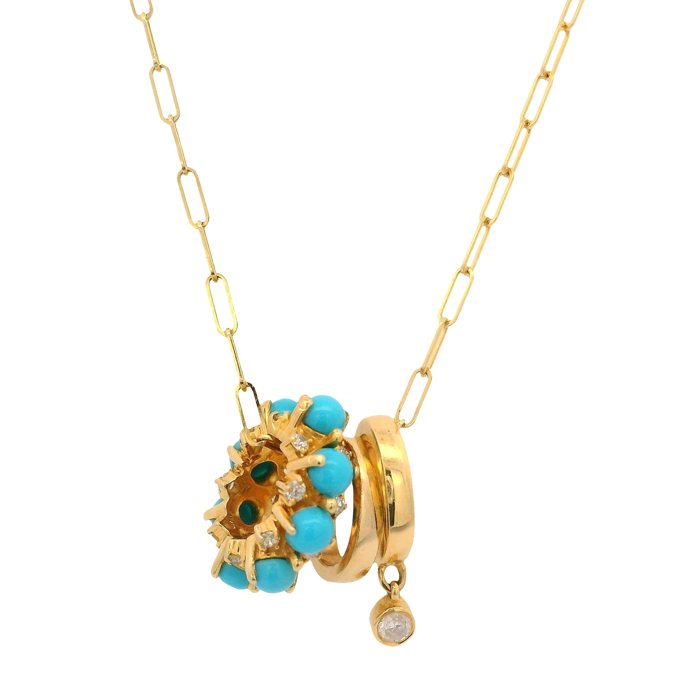 Rondel Charm Necklace with Round Cabochon Turquoise and Bezeled Diamonds