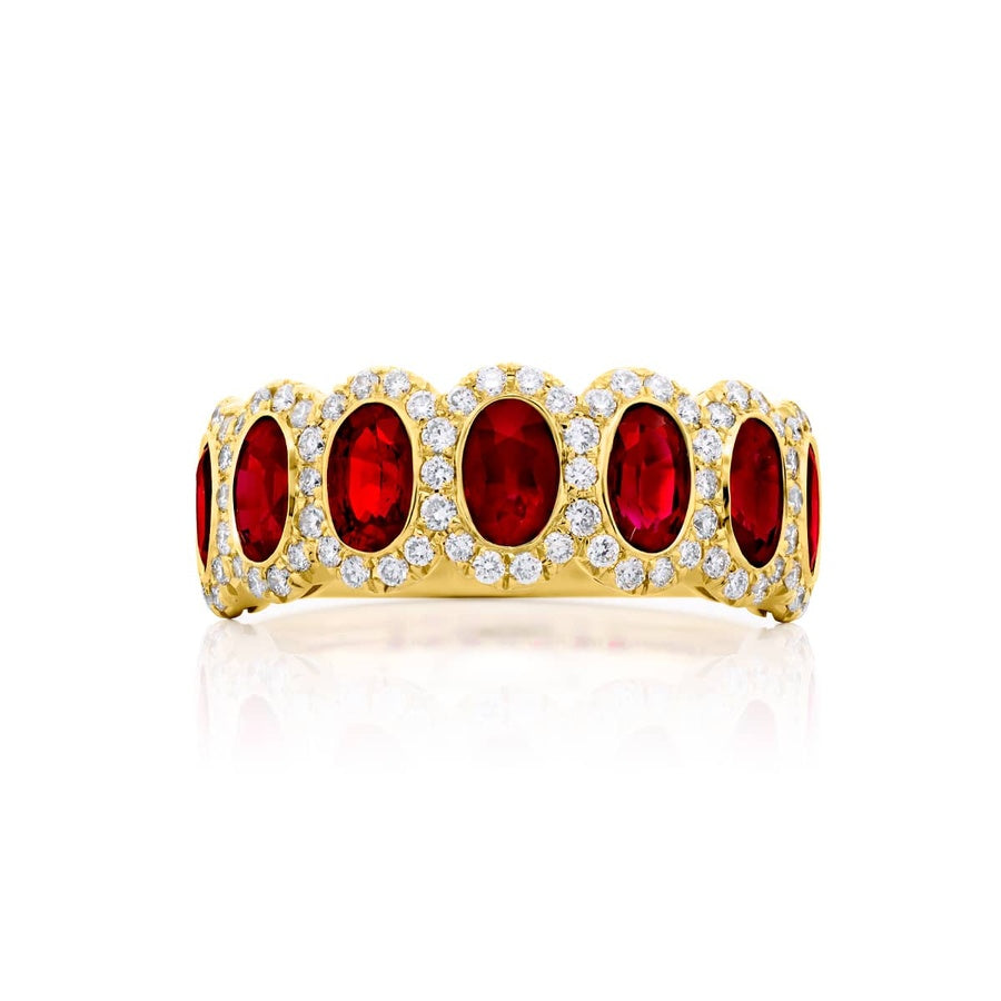 18K Yellow Gold Oval Ruby Single-Row Bezel Set Micro Pave Band