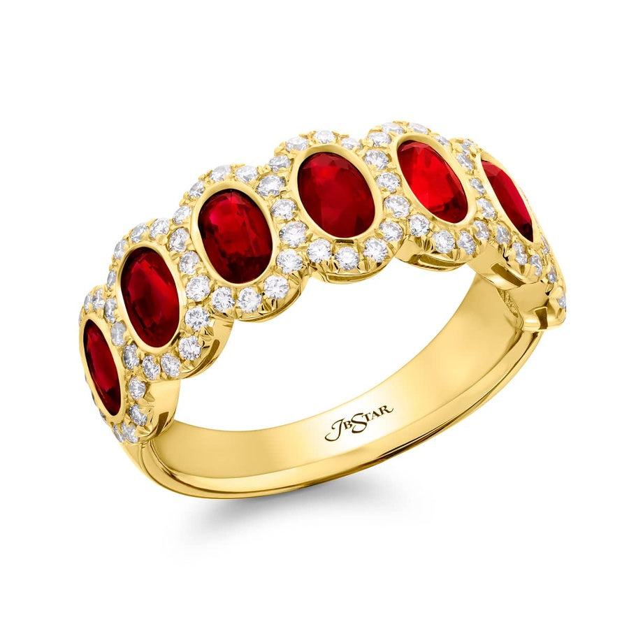 18K Yellow Gold Oval Ruby Single-Row Bezel Set Micro Pave Band