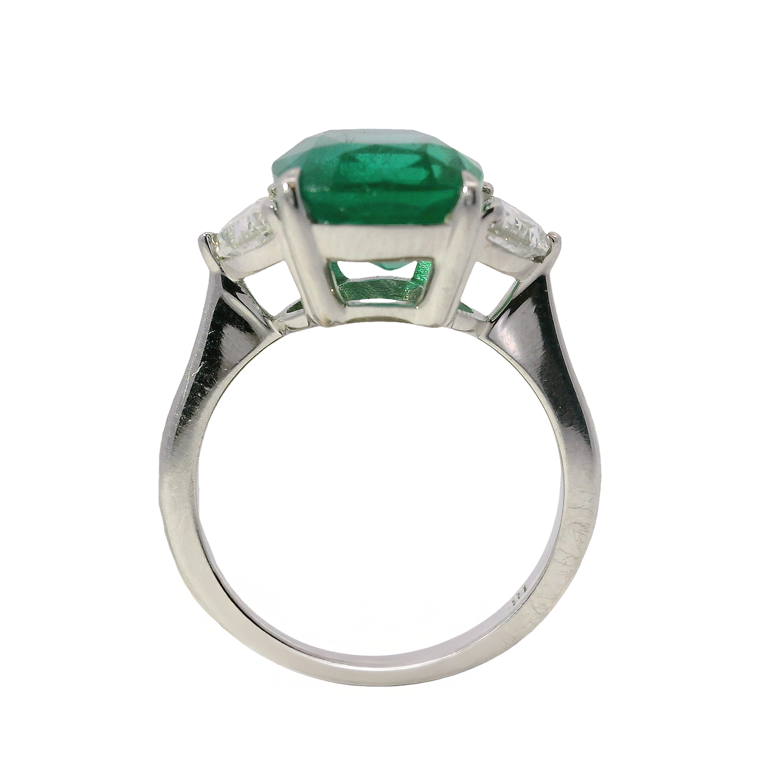 Three Stone Zambian Emerald and Half Moon Diamond Ring