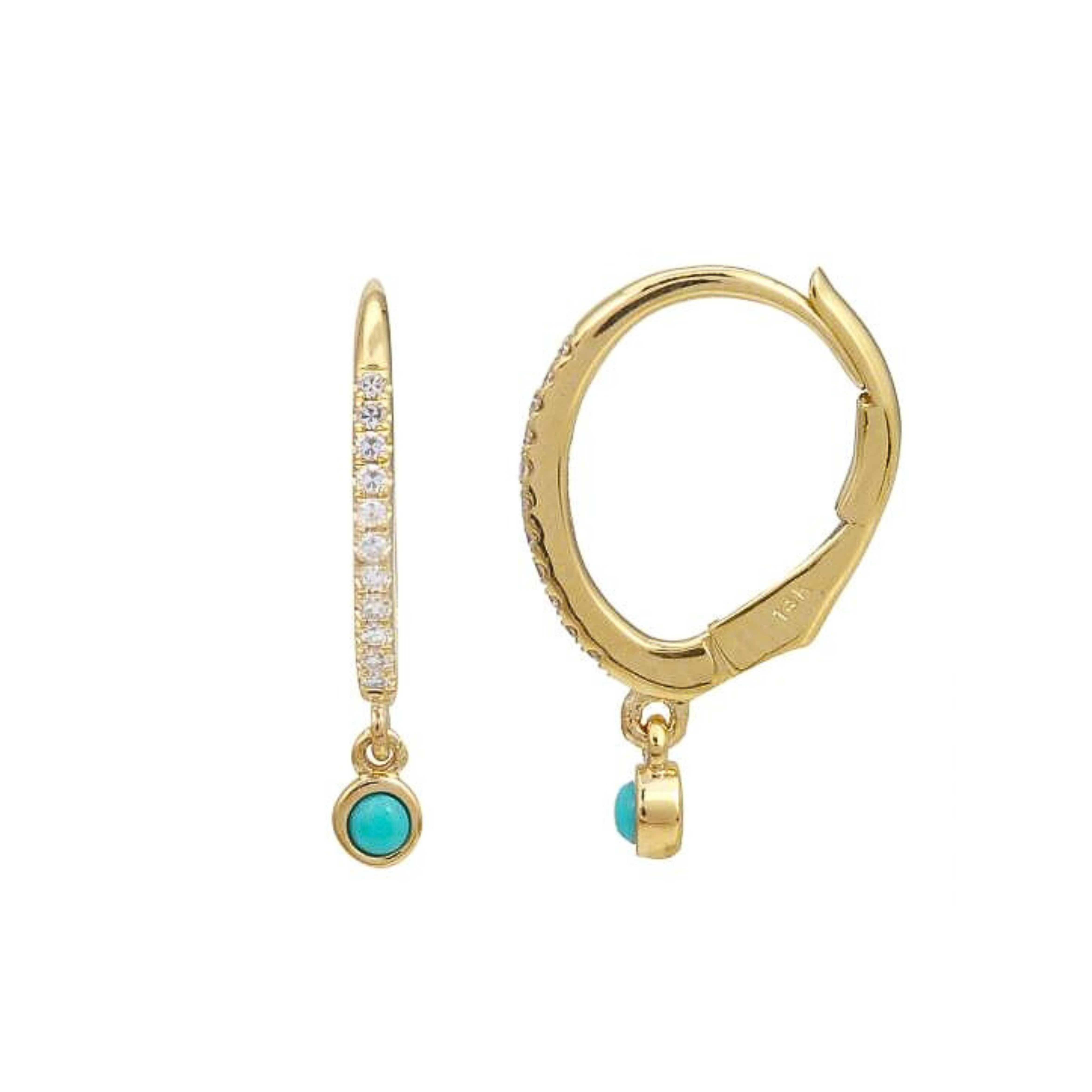 Bezel Turquoise Drop Diamond Huggie Hoop Earrings