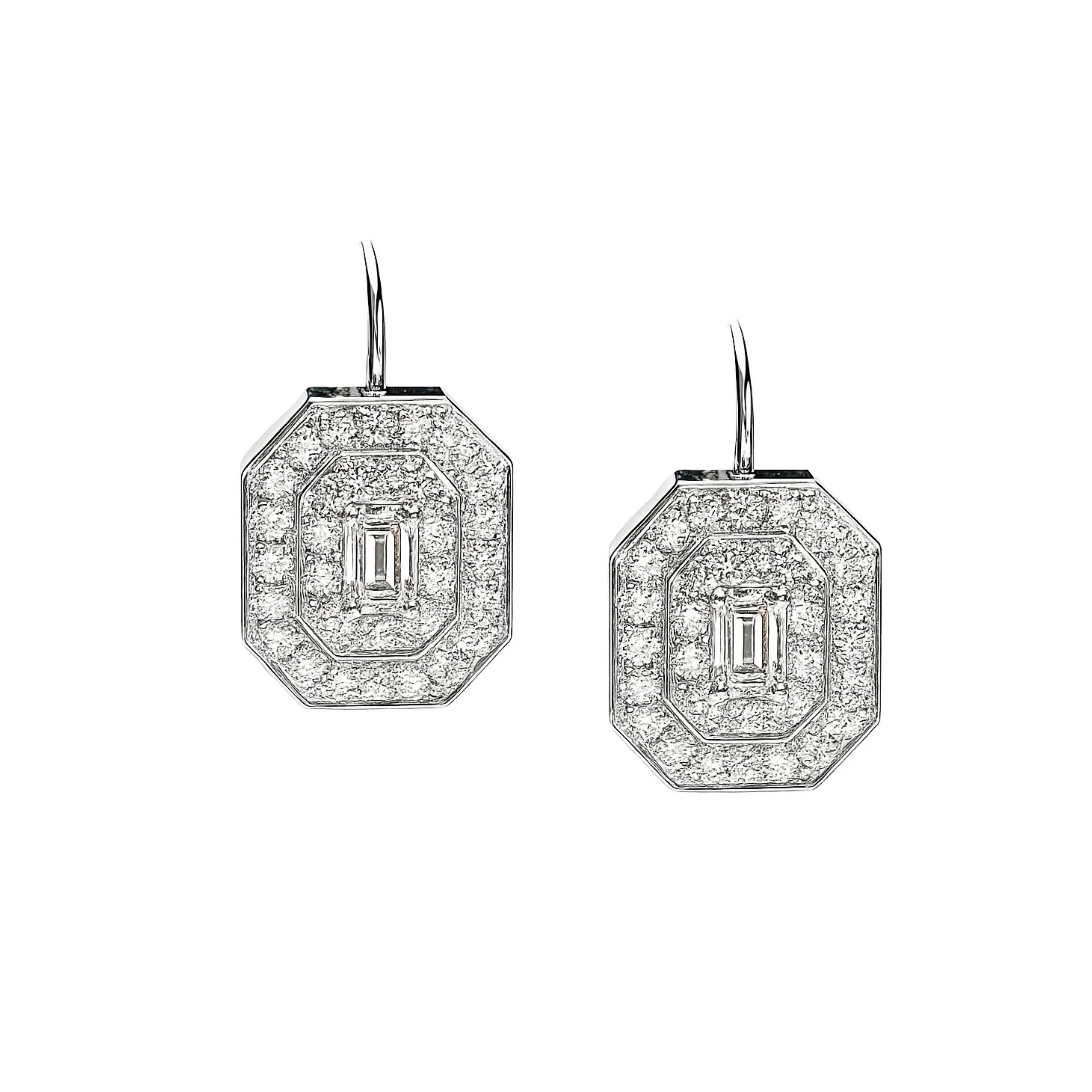 Large Pavé Diamond Emerald Shape Earrings on French Wire