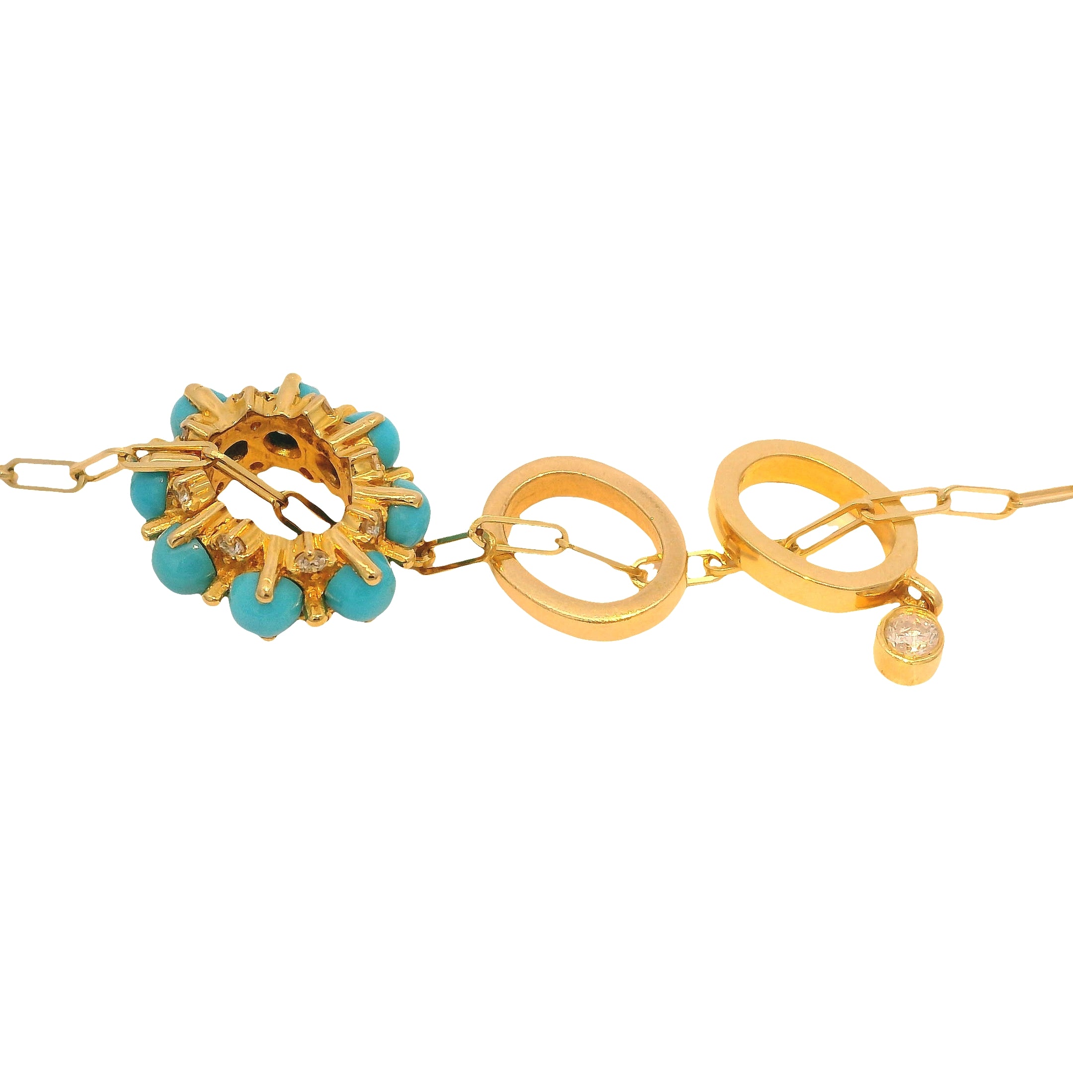 Rondel Charm Necklace with Round Cabochon Turquoise and Bezeled Diamonds