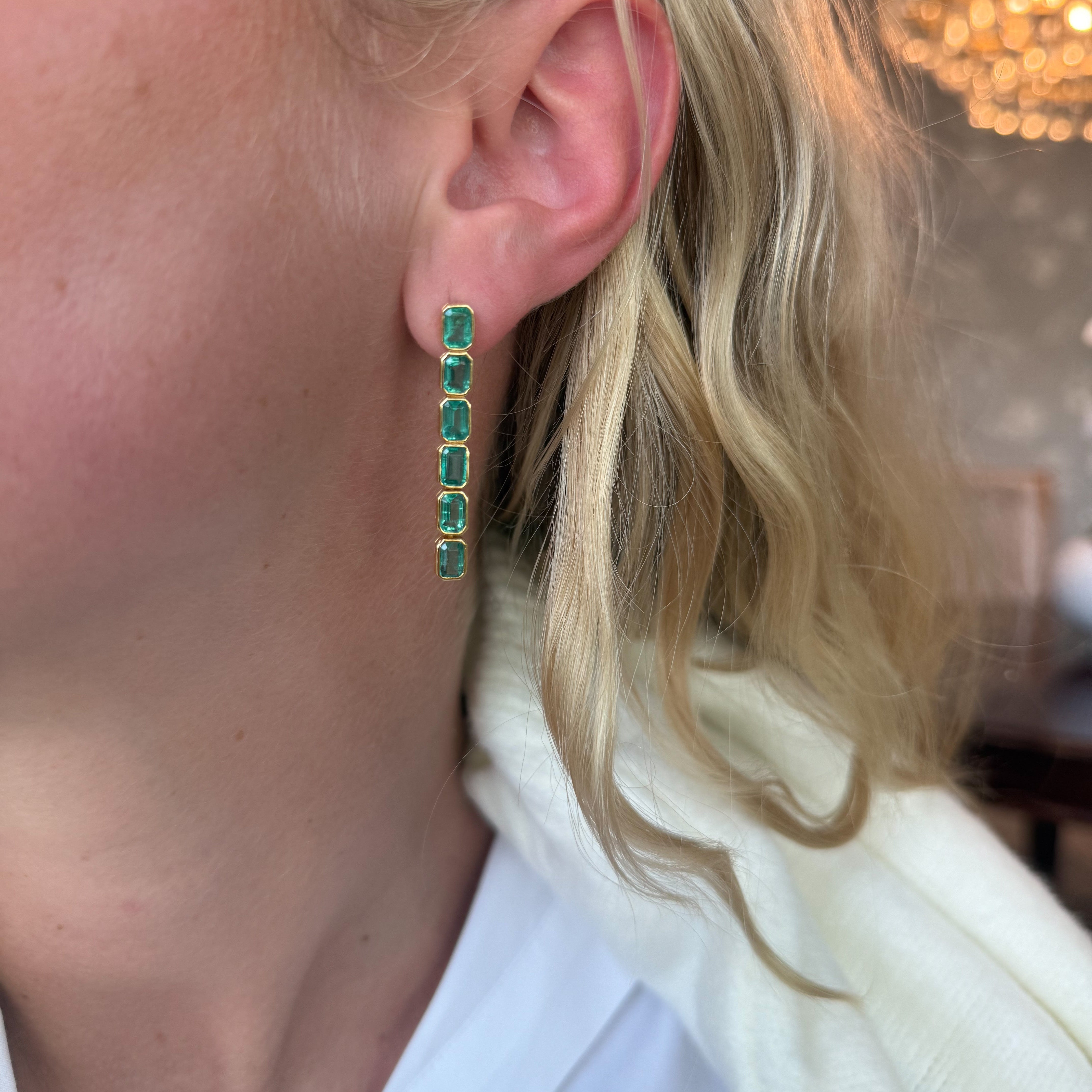 Bezel Emerald Cut Emerald Drop Earrings