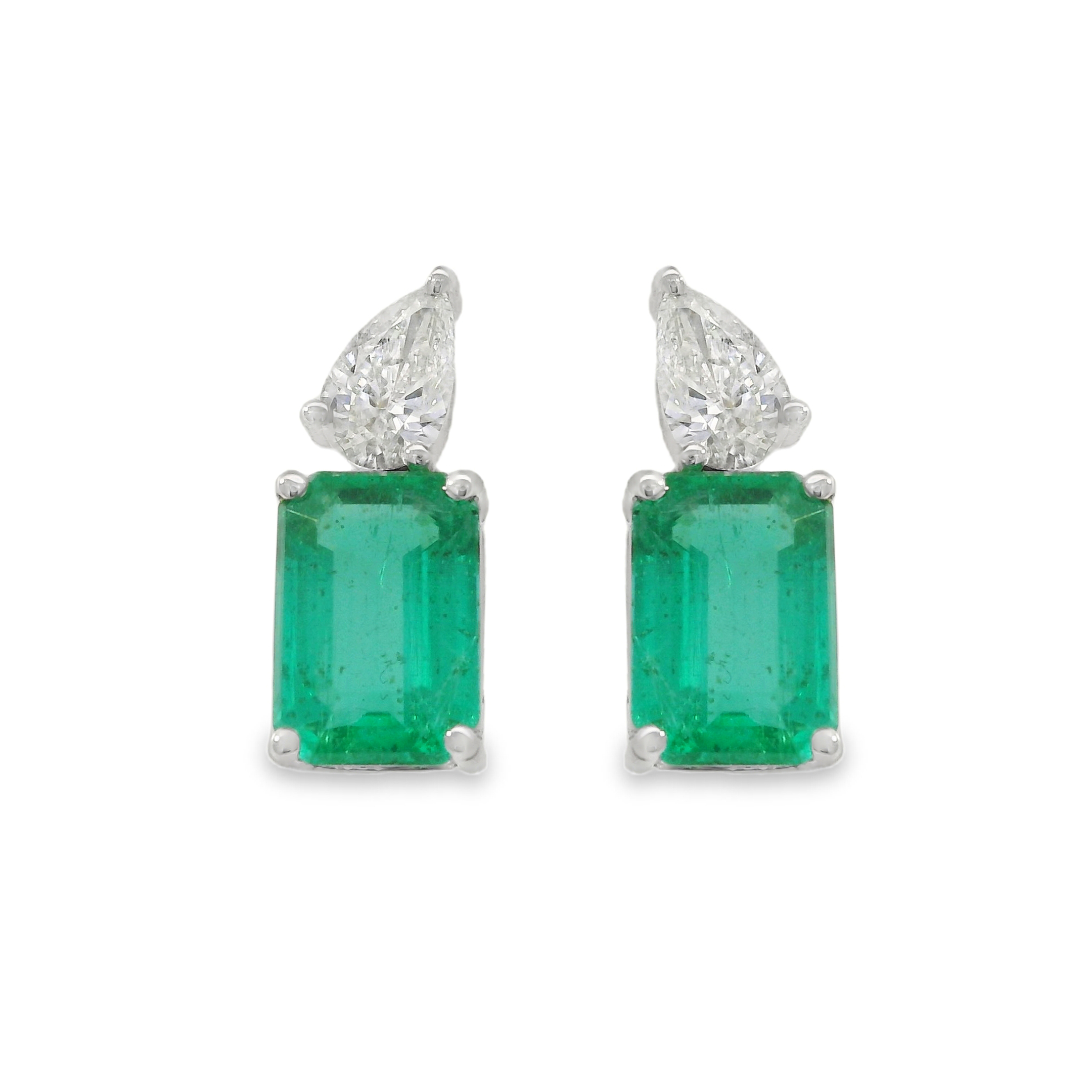 Emerald Cut Emerald and Pear Diamond Drop Stud Earrings