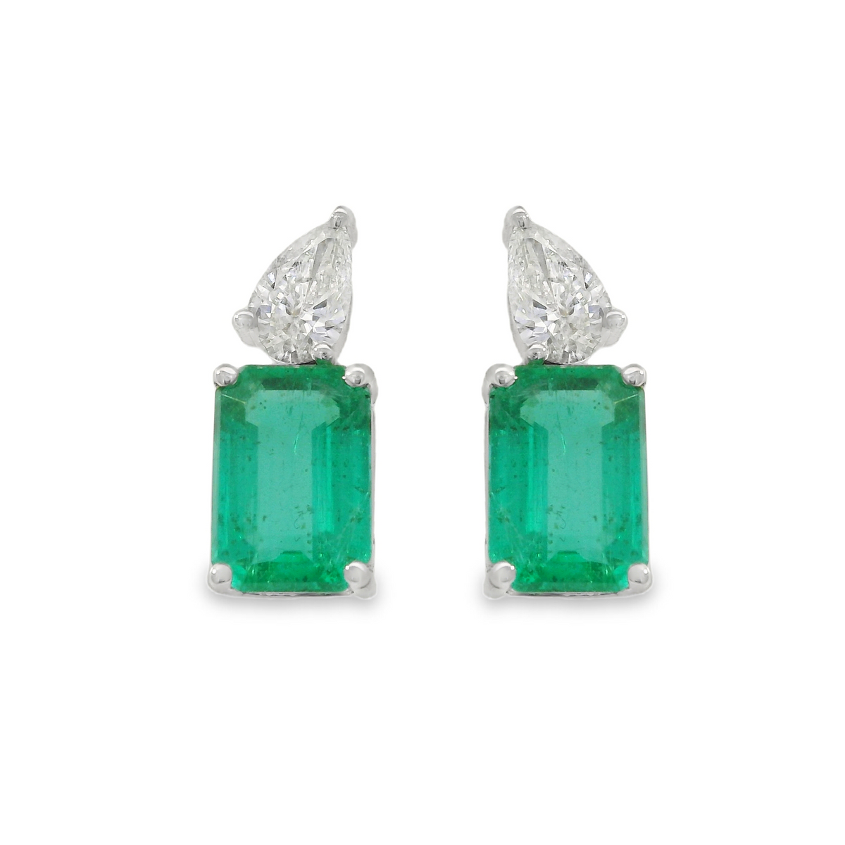 Emerald Cut Emerald and Pear Diamond Drop Stud Earrings