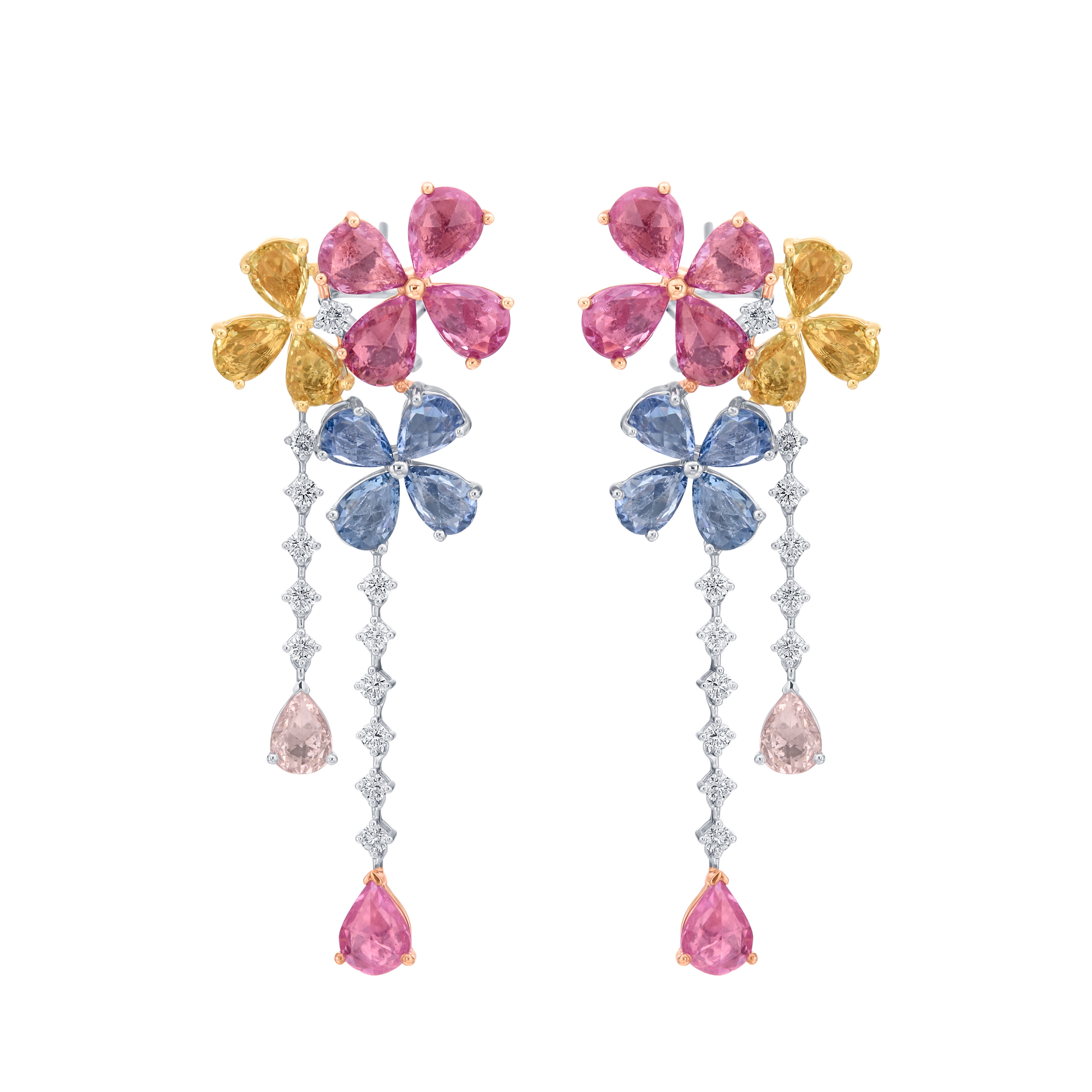 Multicolored Sapphire Triple Flower Earrings