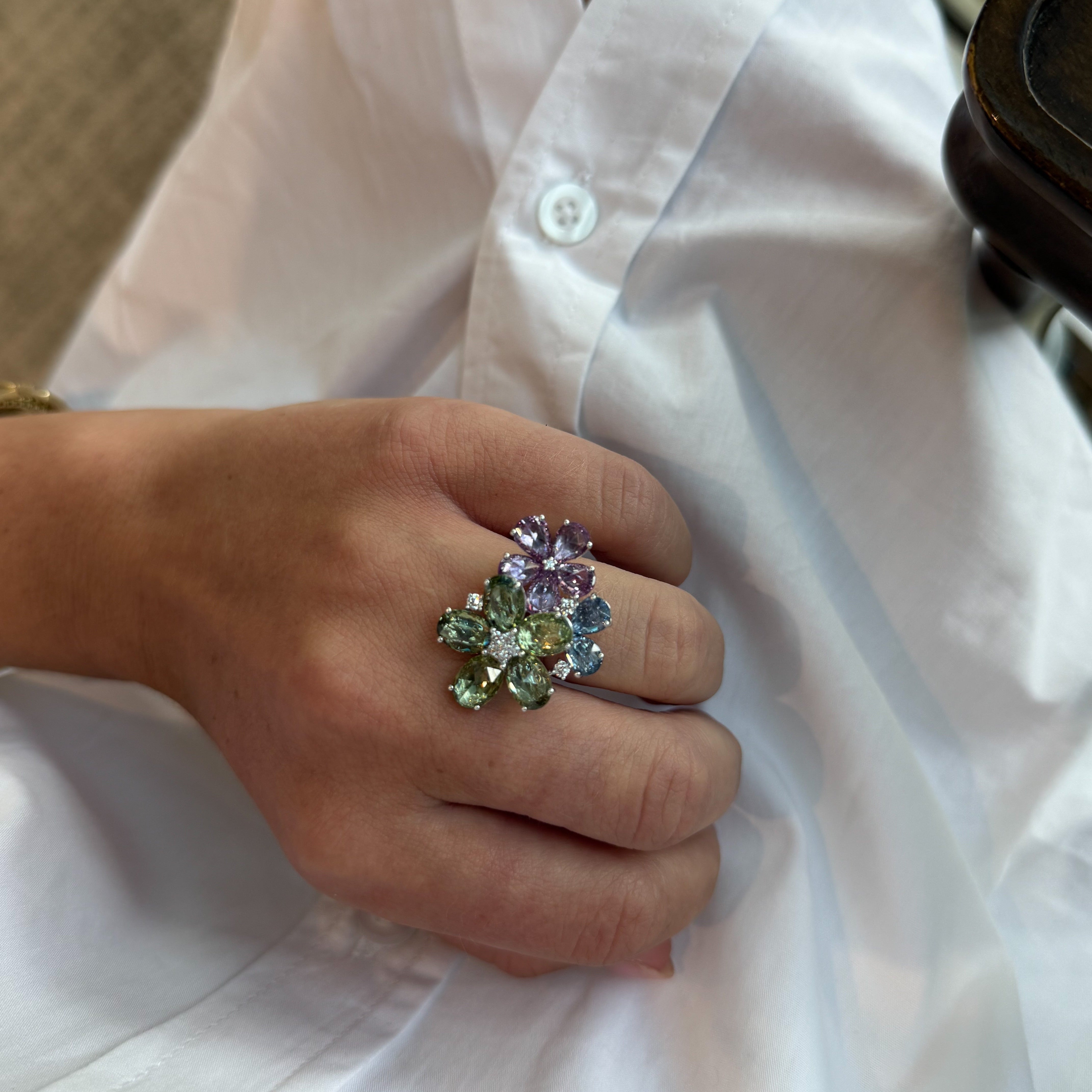 Multicolored Sapphire and Diamond Triple Flower Ring