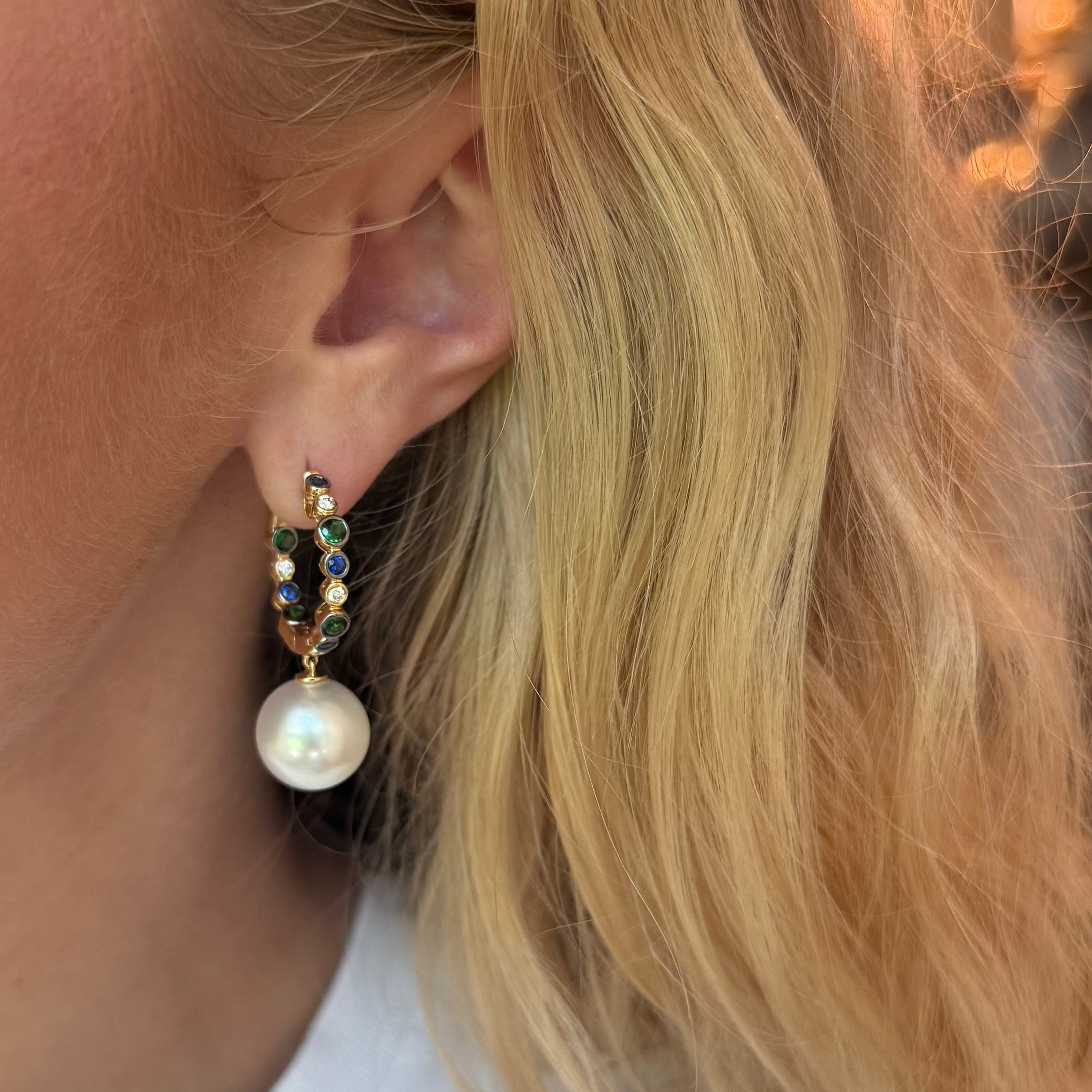 Vintage Sapphire, Diamond & Pearl Hoop Earrings
