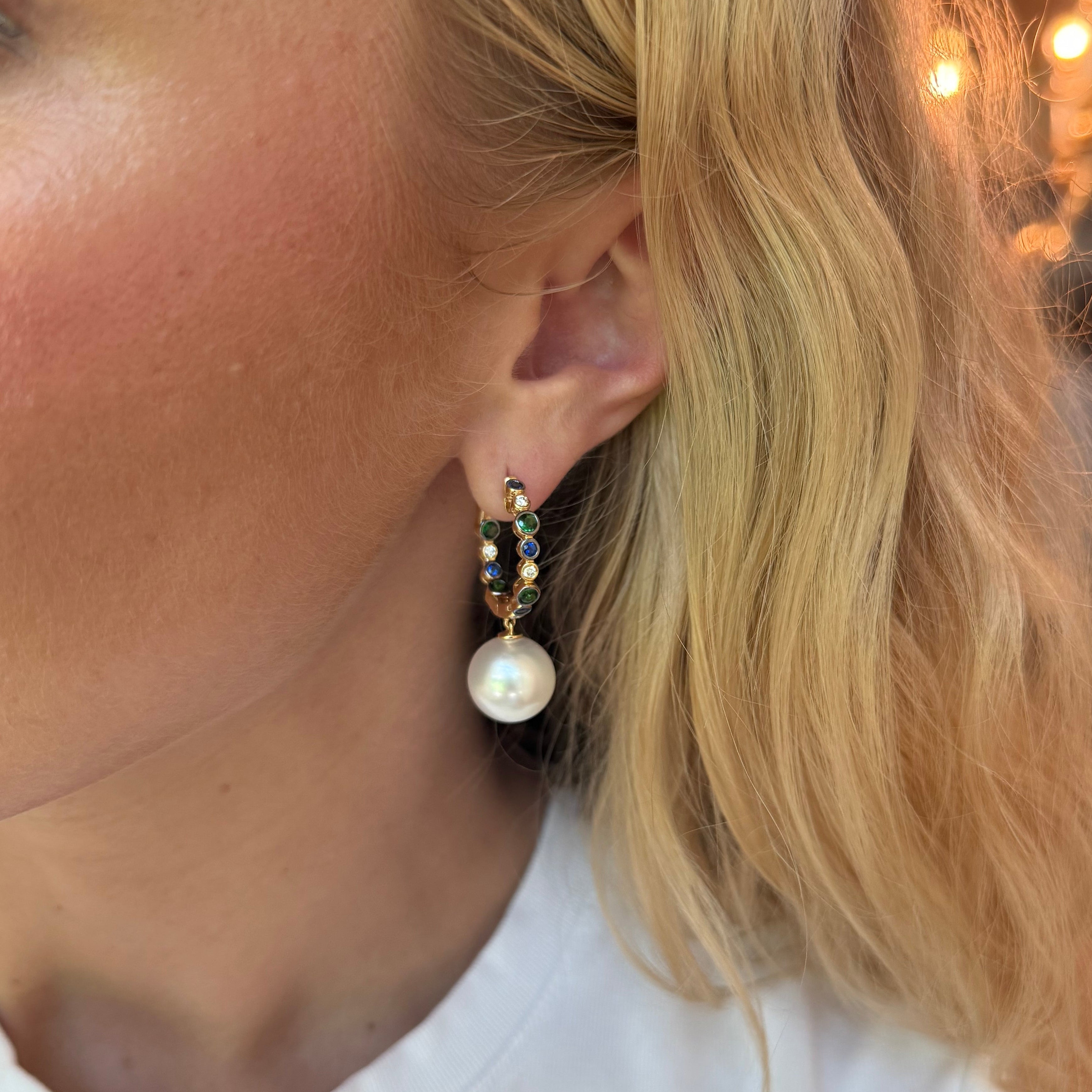 Vintage Sapphire, Diamond & Pearl Hoop Earrings