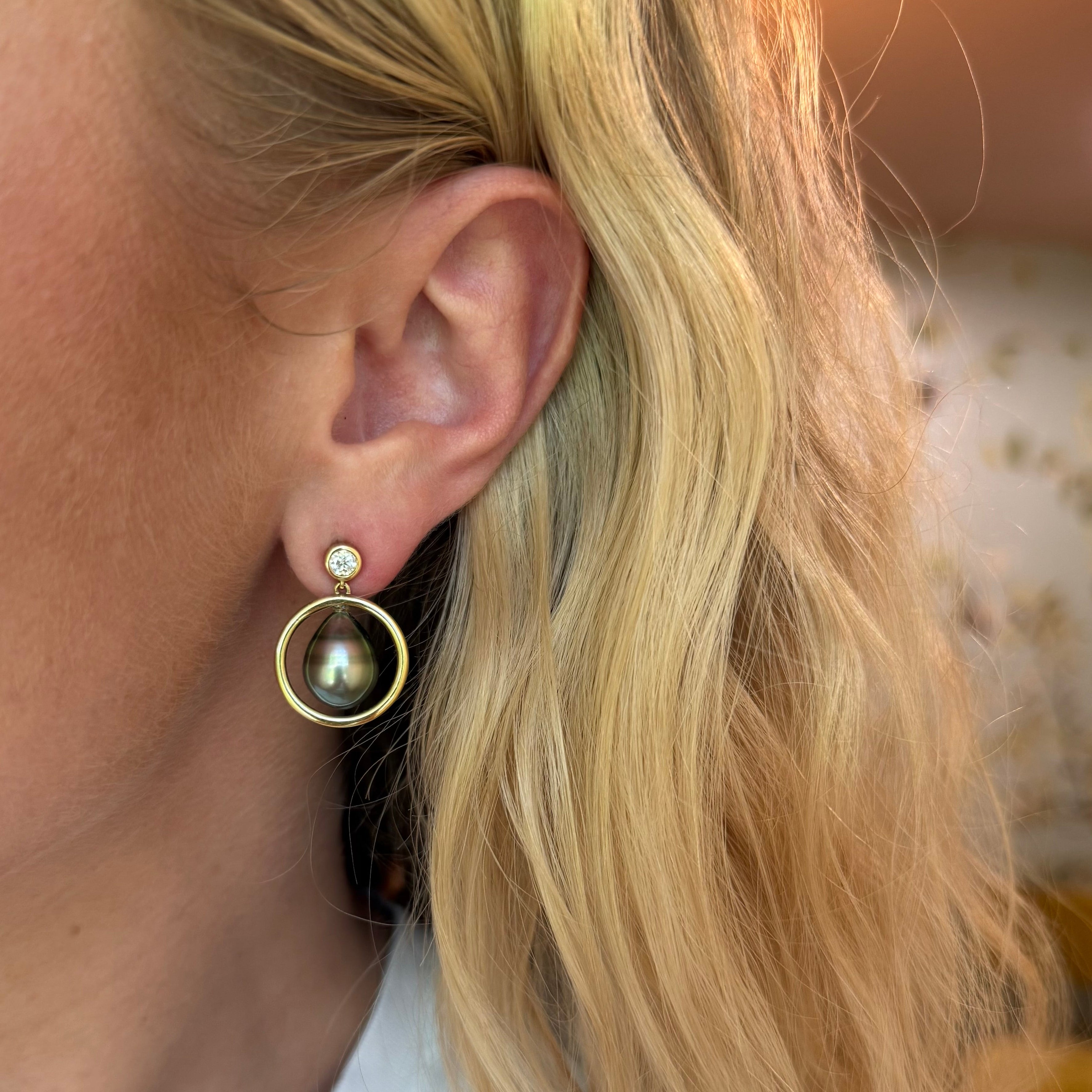 Vintage Floating Tahitian Pearl and Diamond Drop Earrings