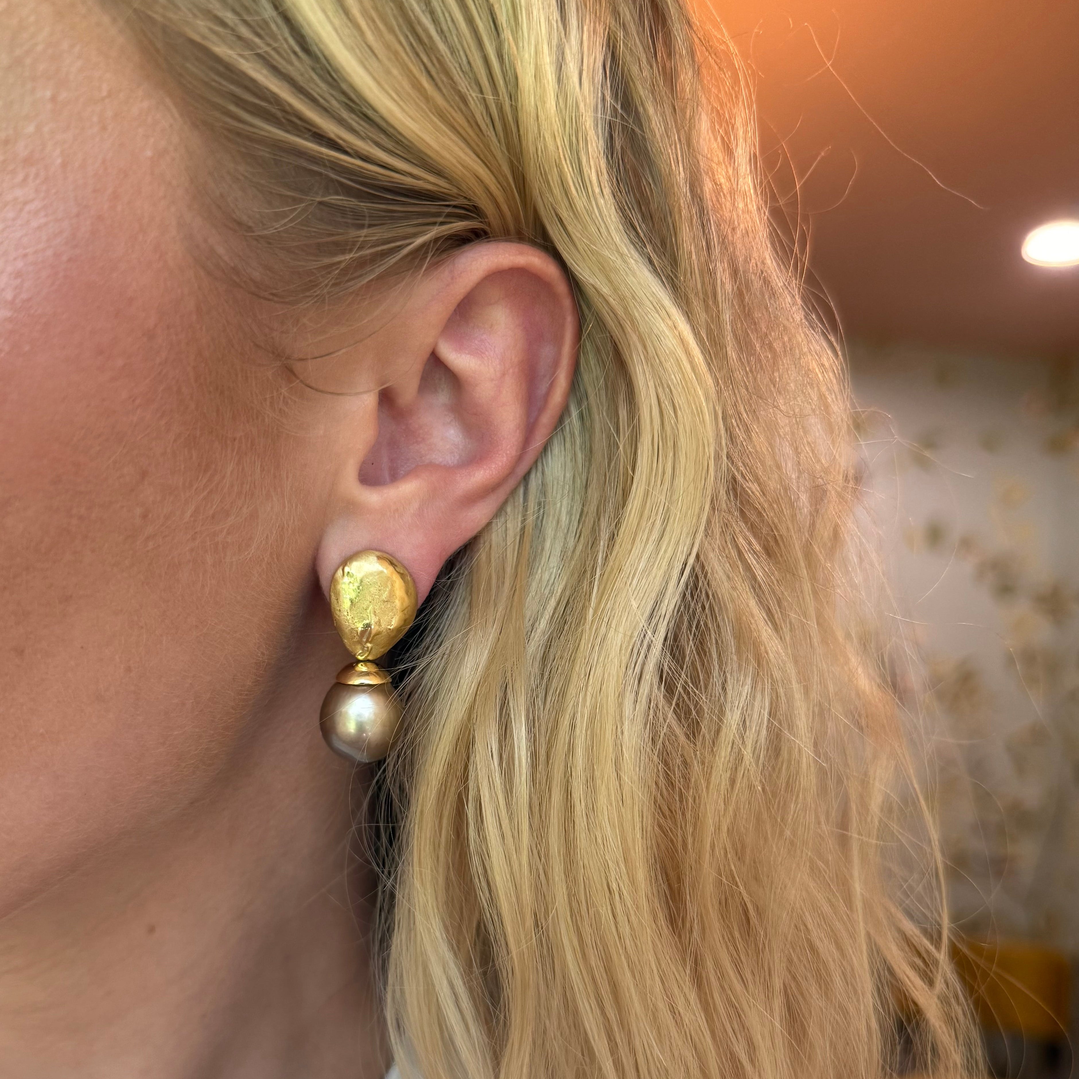 Vintage Hammered Drop Day & Night Champagne South Sea Pearl Earrings